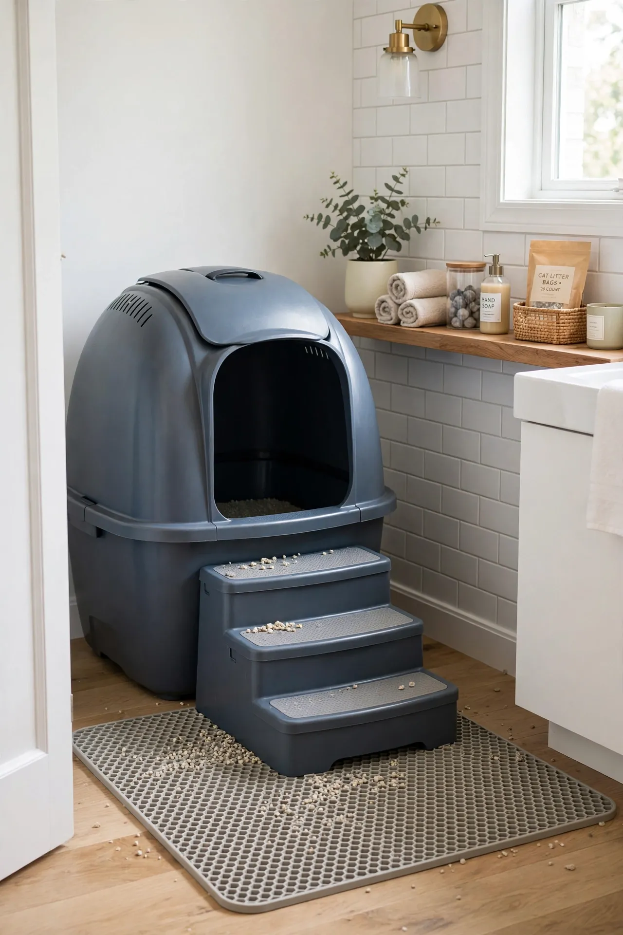 Enclosed hooded litter box with entry steps and a litter mat