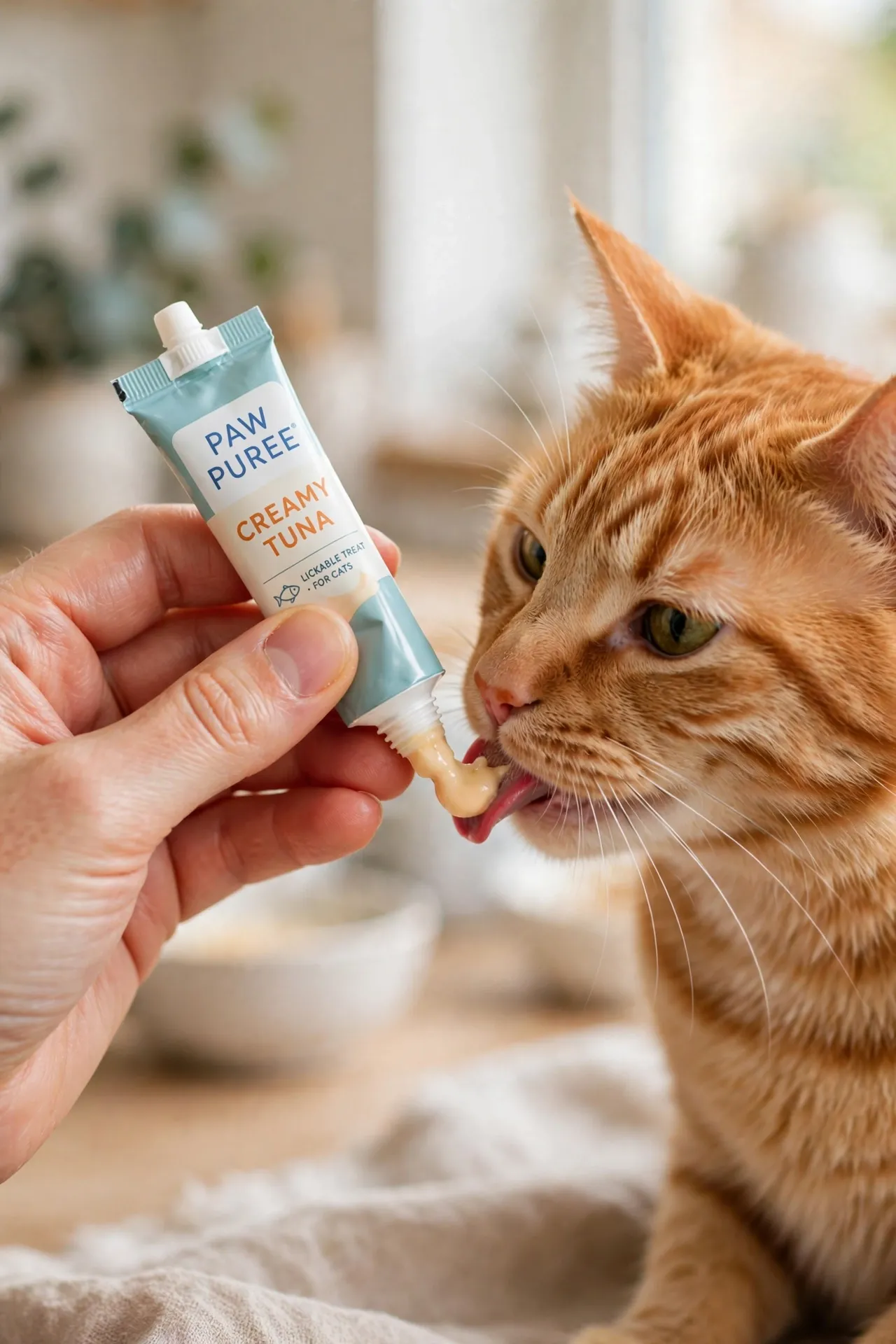 Cat licking a Churu squeeze treat tube held by a hand