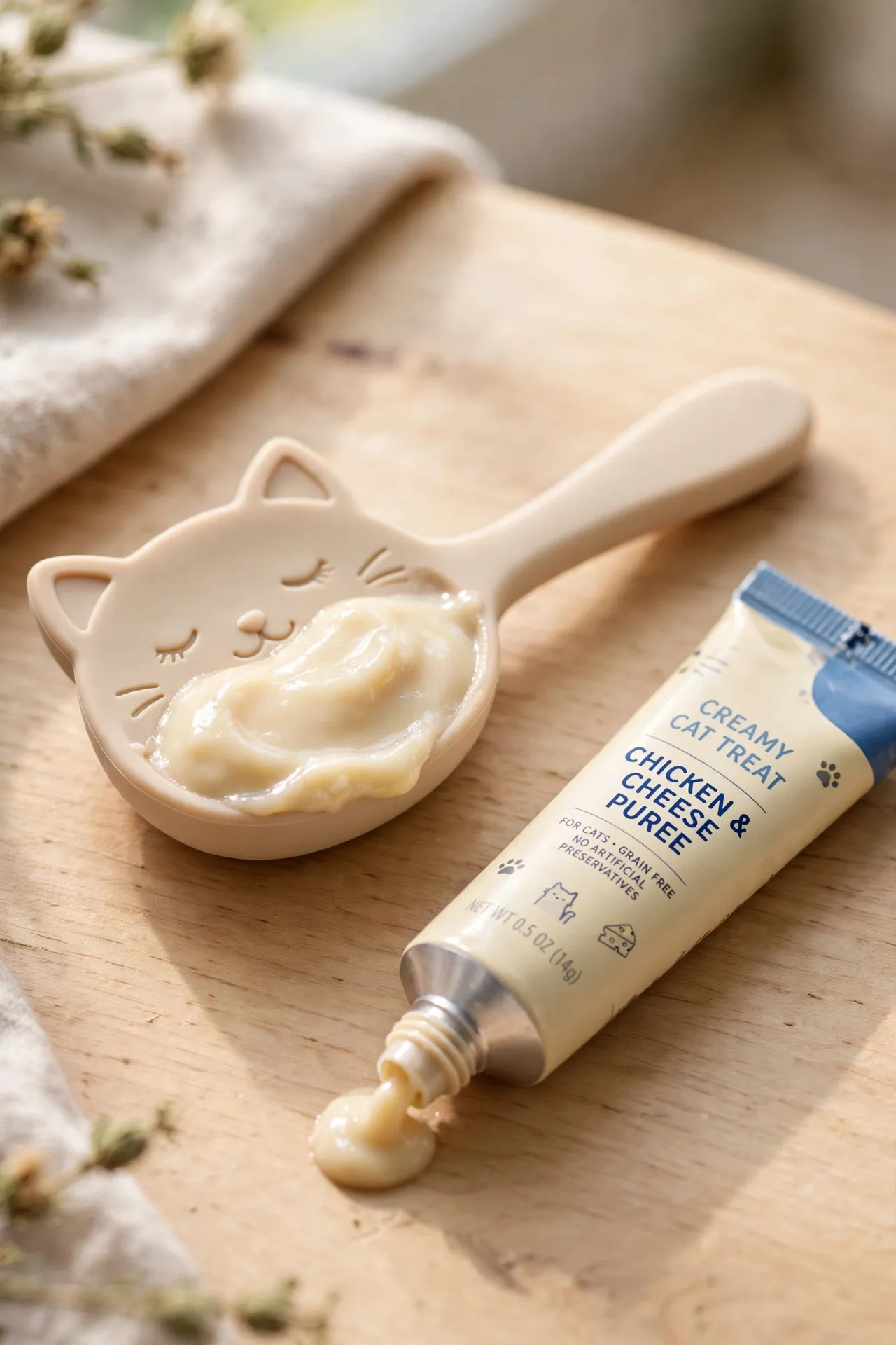 Cat-shaped squeeze treat spoon with puree next to a treat tube