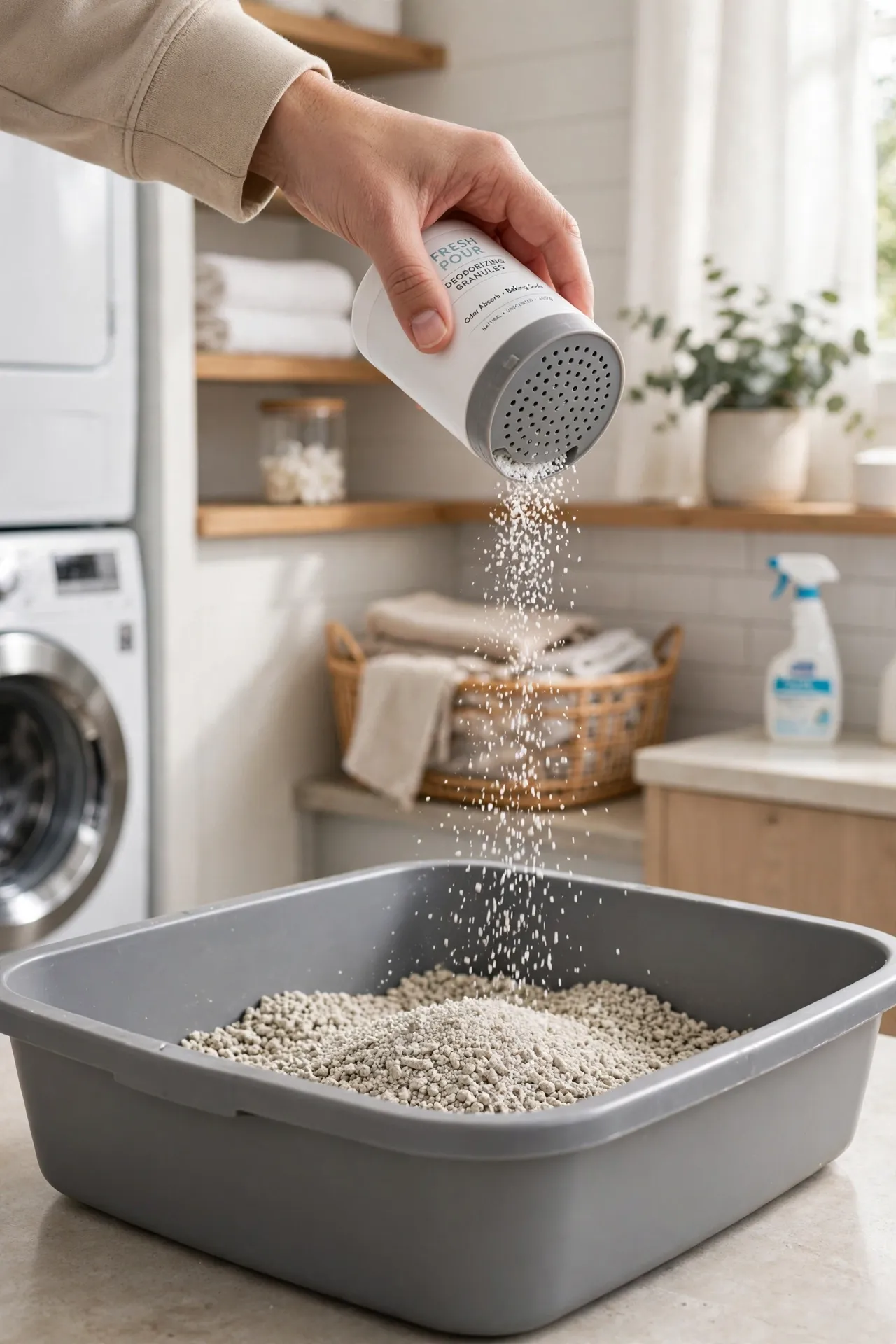 Litter box odor eliminator granules sprinkled into a litter box