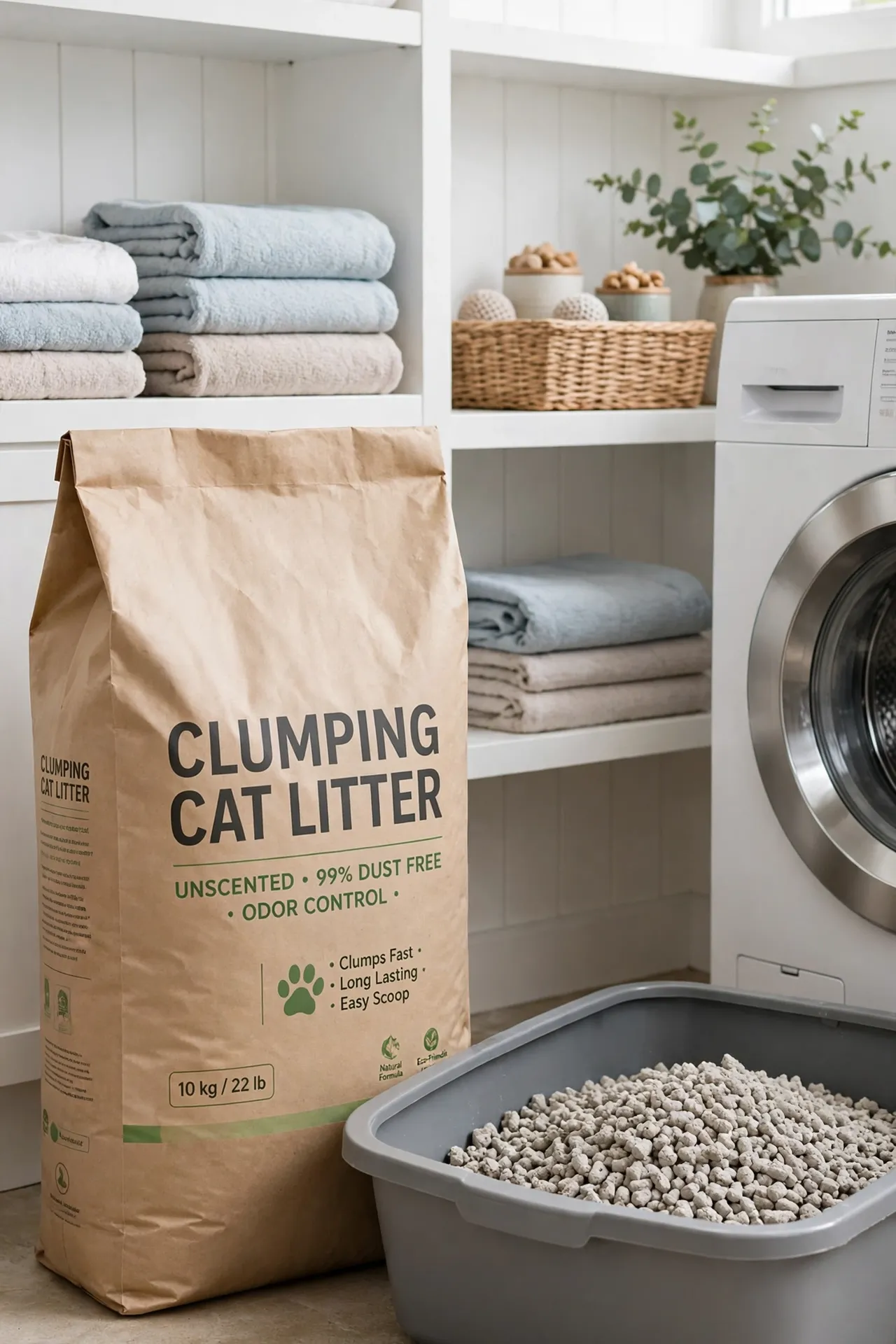 Large bag of Fresh Step clumping cat litter beside a litter box