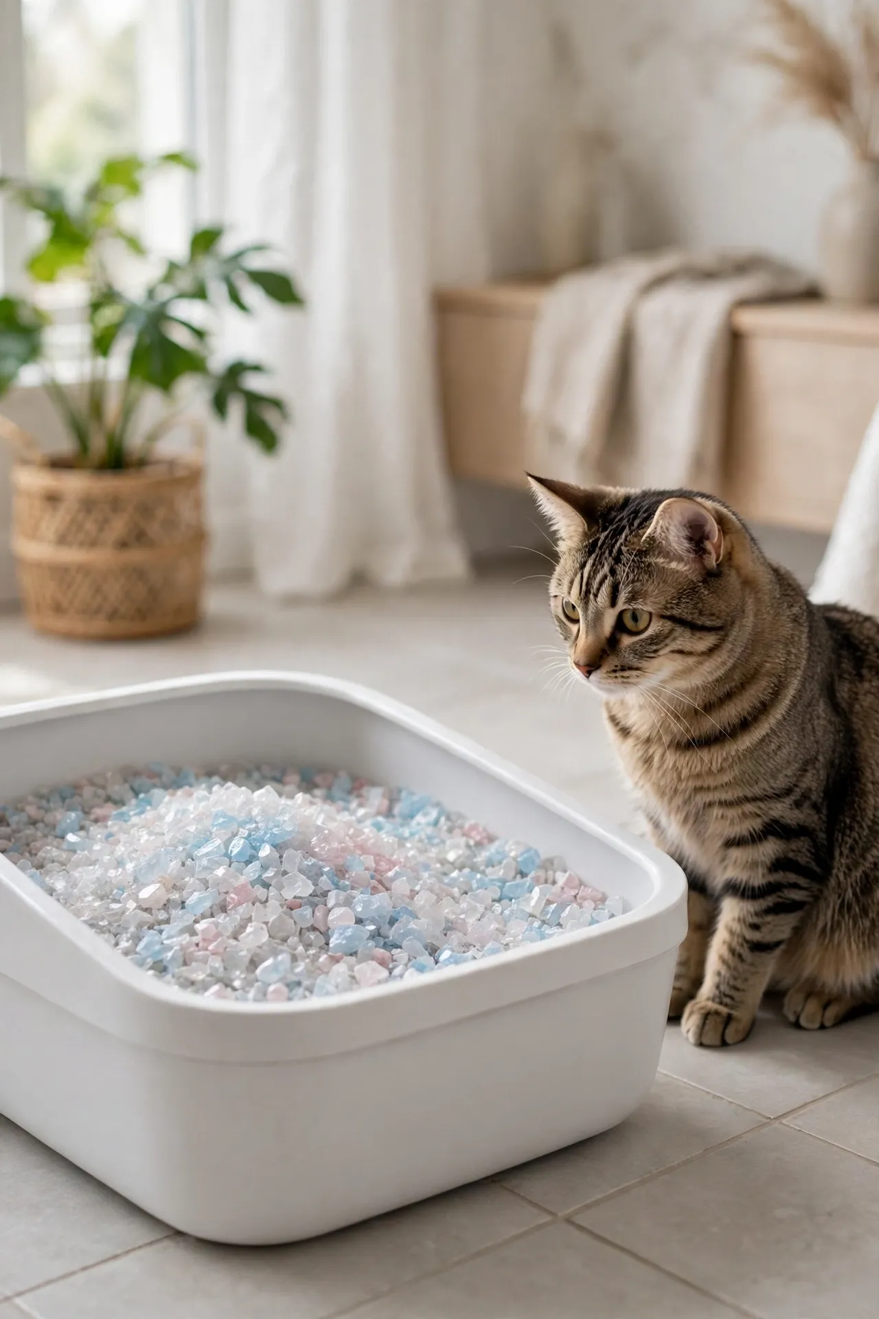 Cat litter box with colour-changing crystal litter