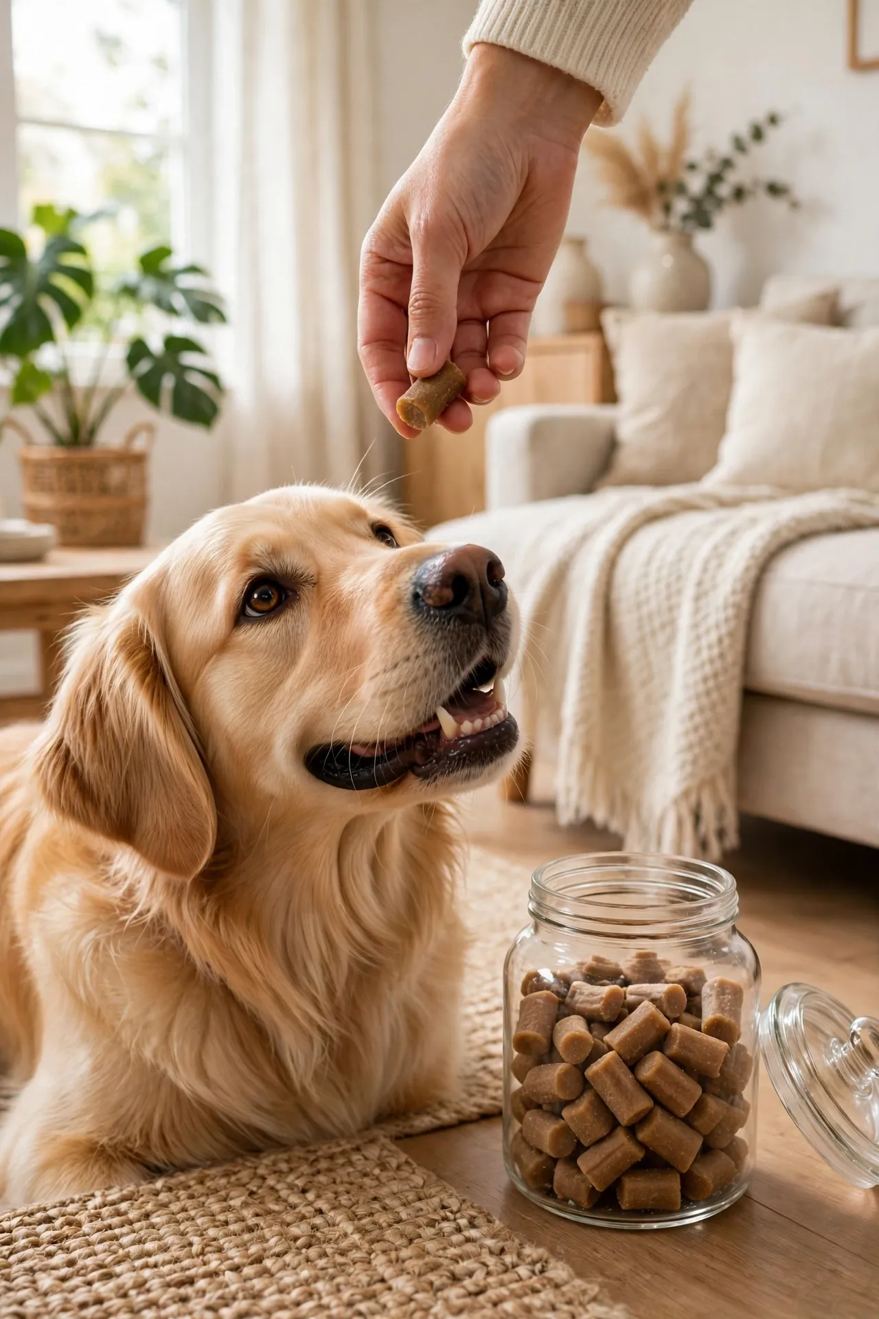 Dog eating a soft allergy relief chew beside a jar of chews