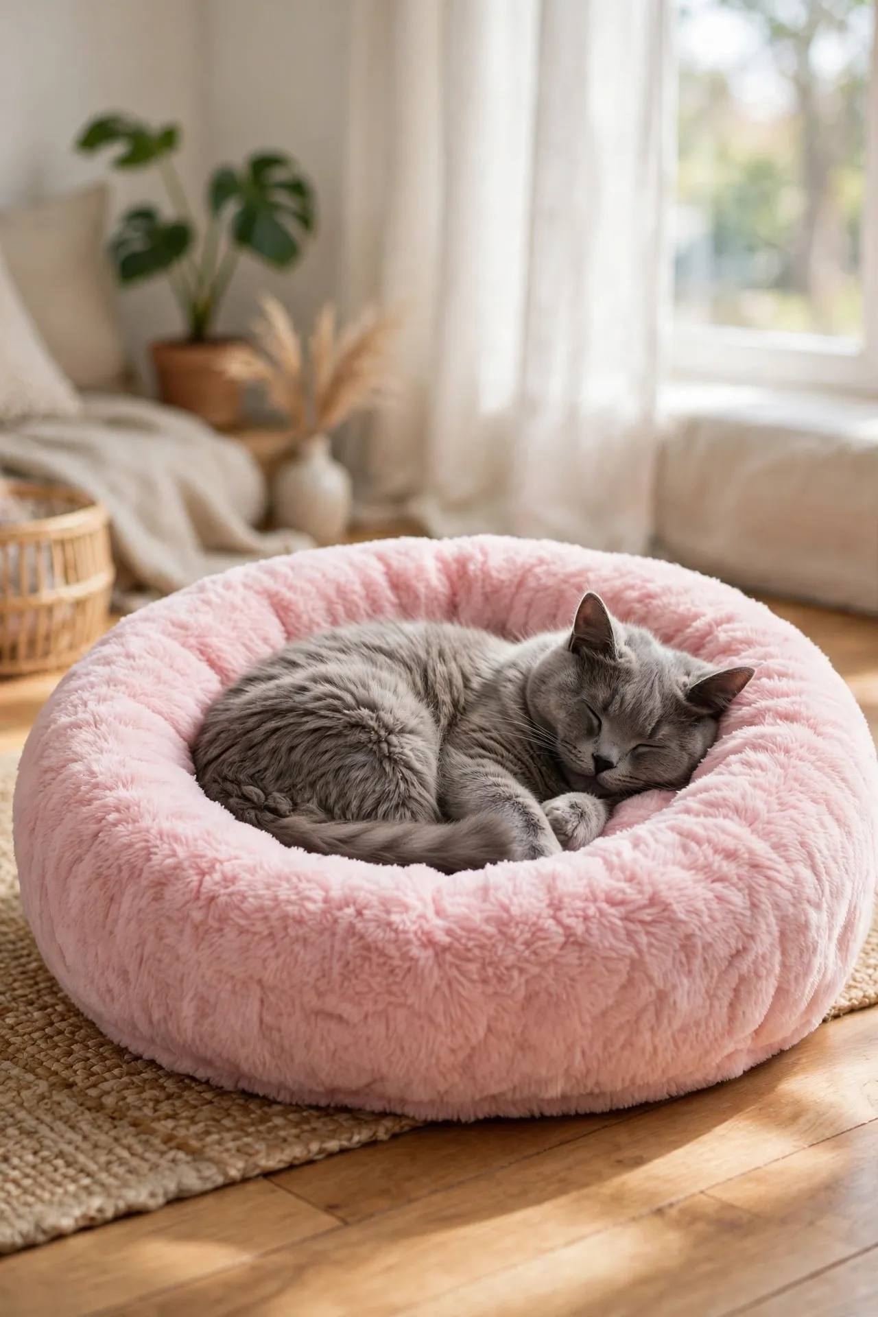 Cat curled up asleep in a fluffy round donut calming bed