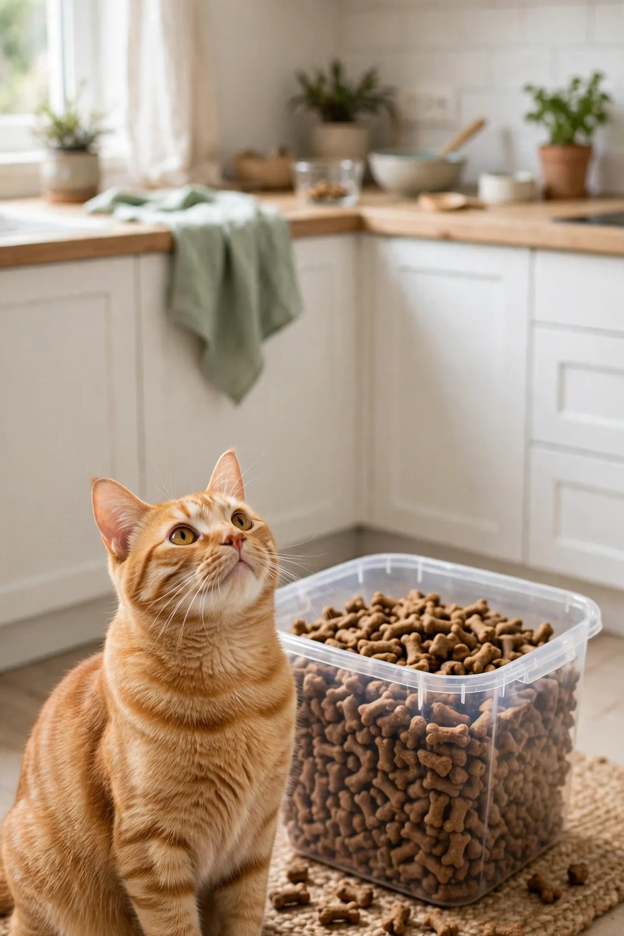 Tub of Temptations cat treats with an eager cat looking up