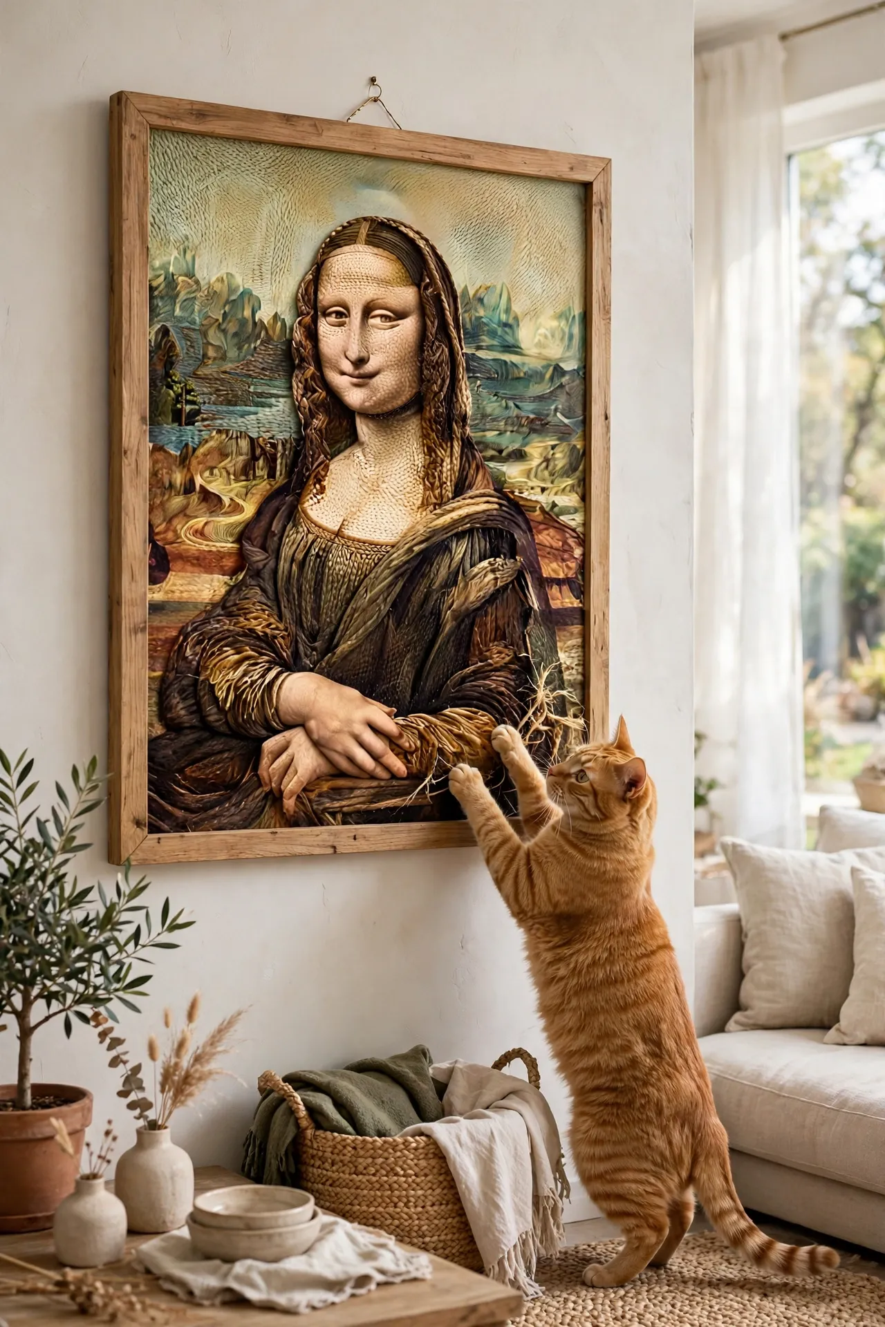 Framed artwork-style sisal cat scratcher mounted on a wall