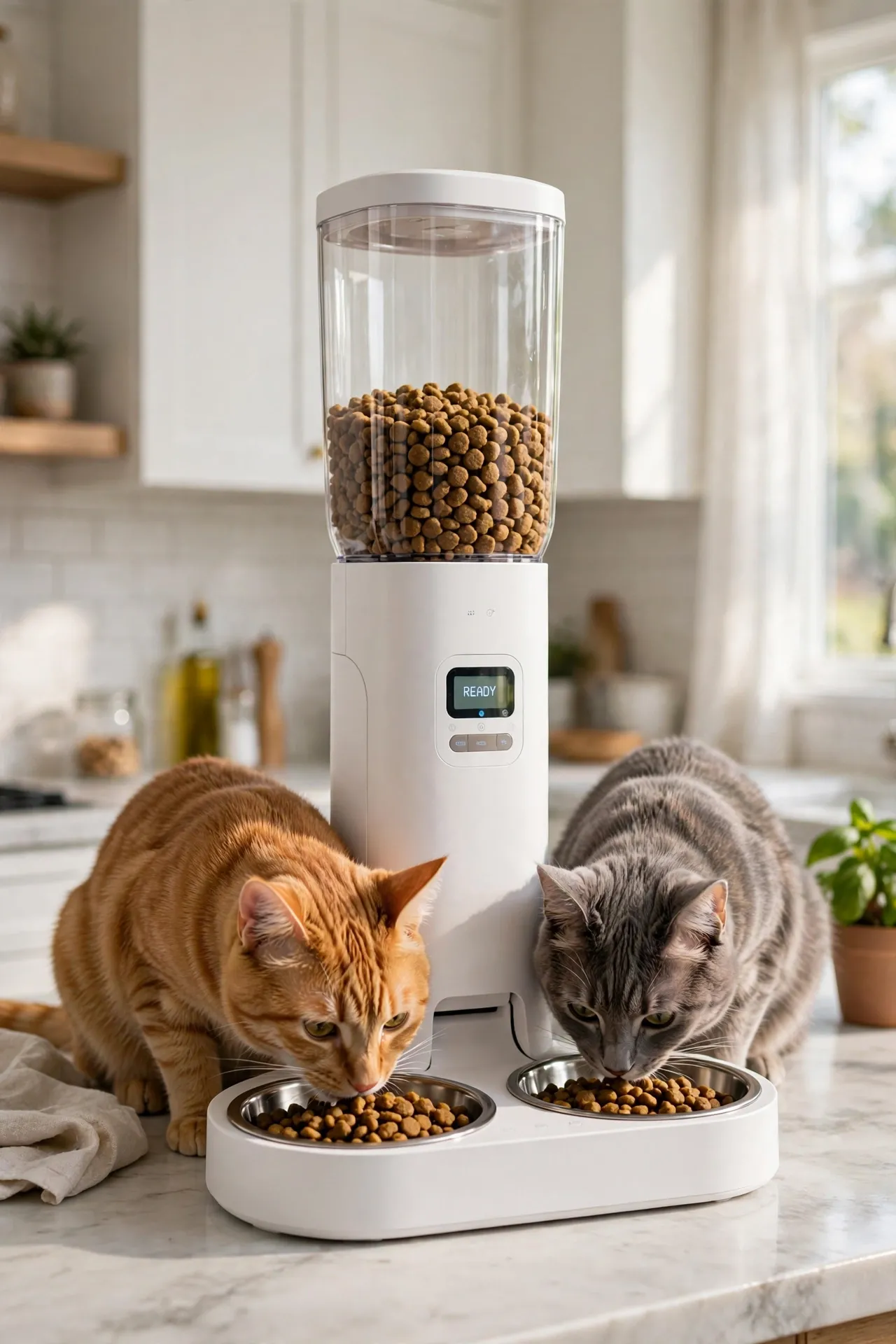 Automatic pet feeder with two bowls and two cats eating