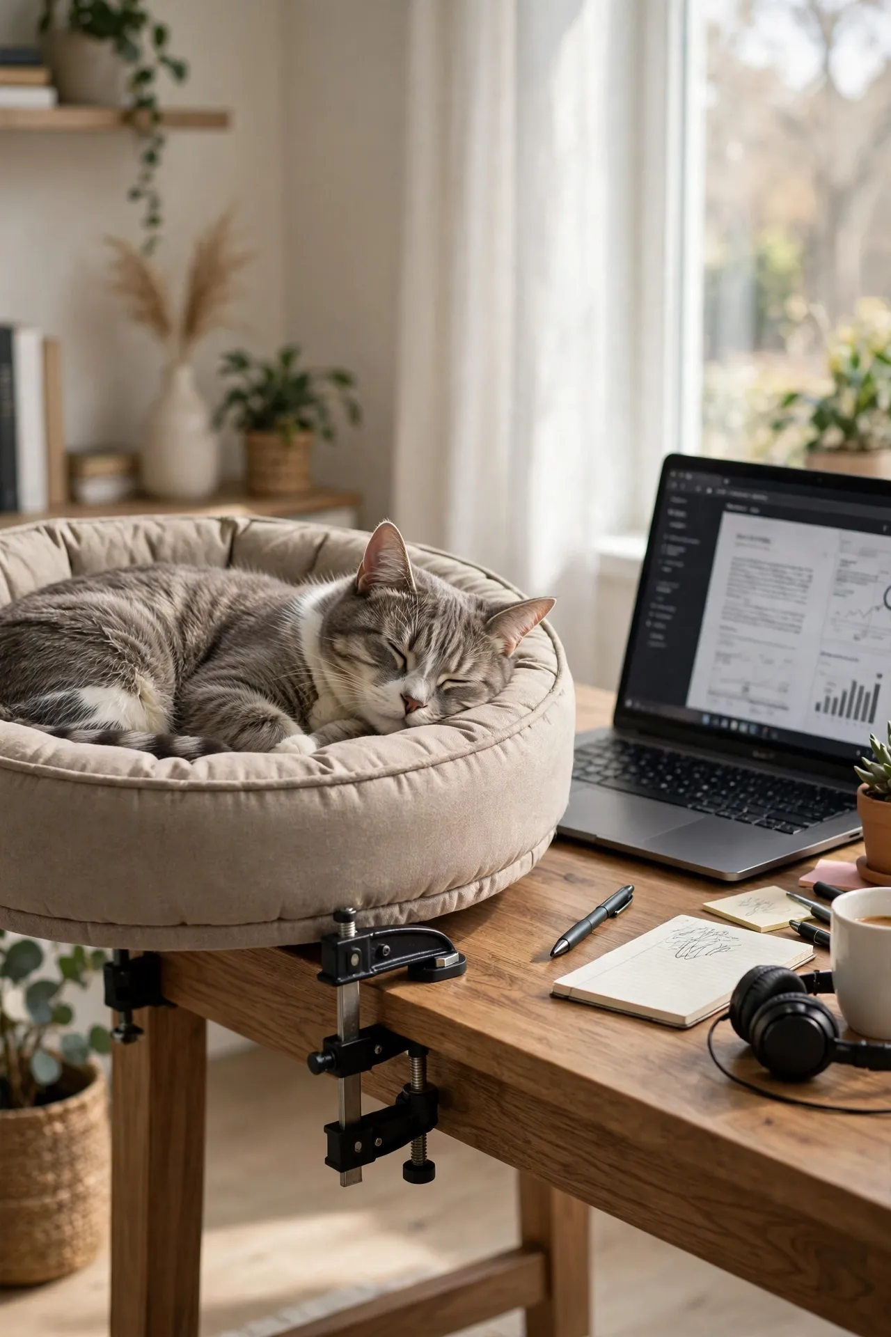 Cat resting in a cushioned bed clamped to the edge of a desk