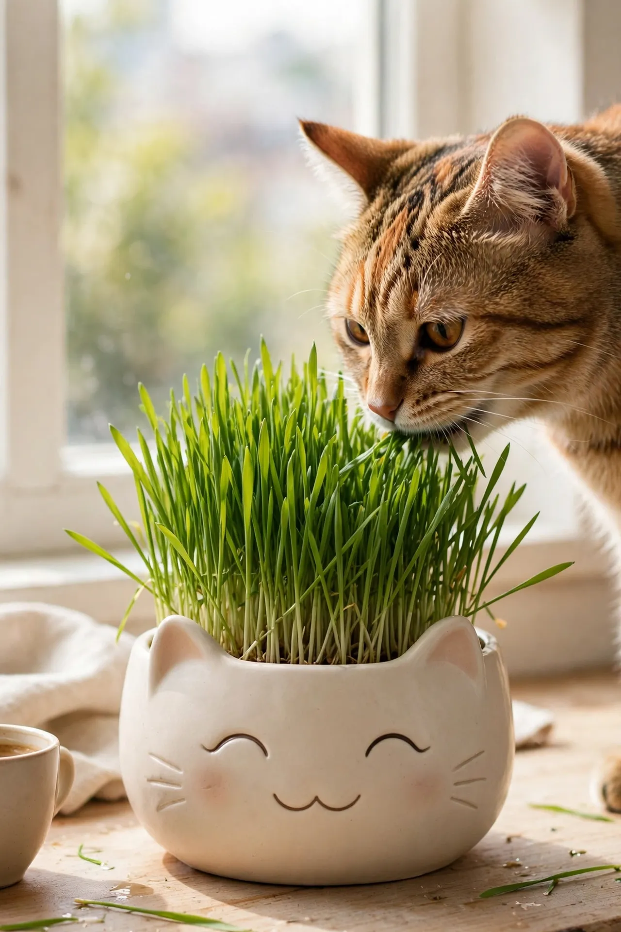 Tray of fresh green cat grass with a cat nibbling it