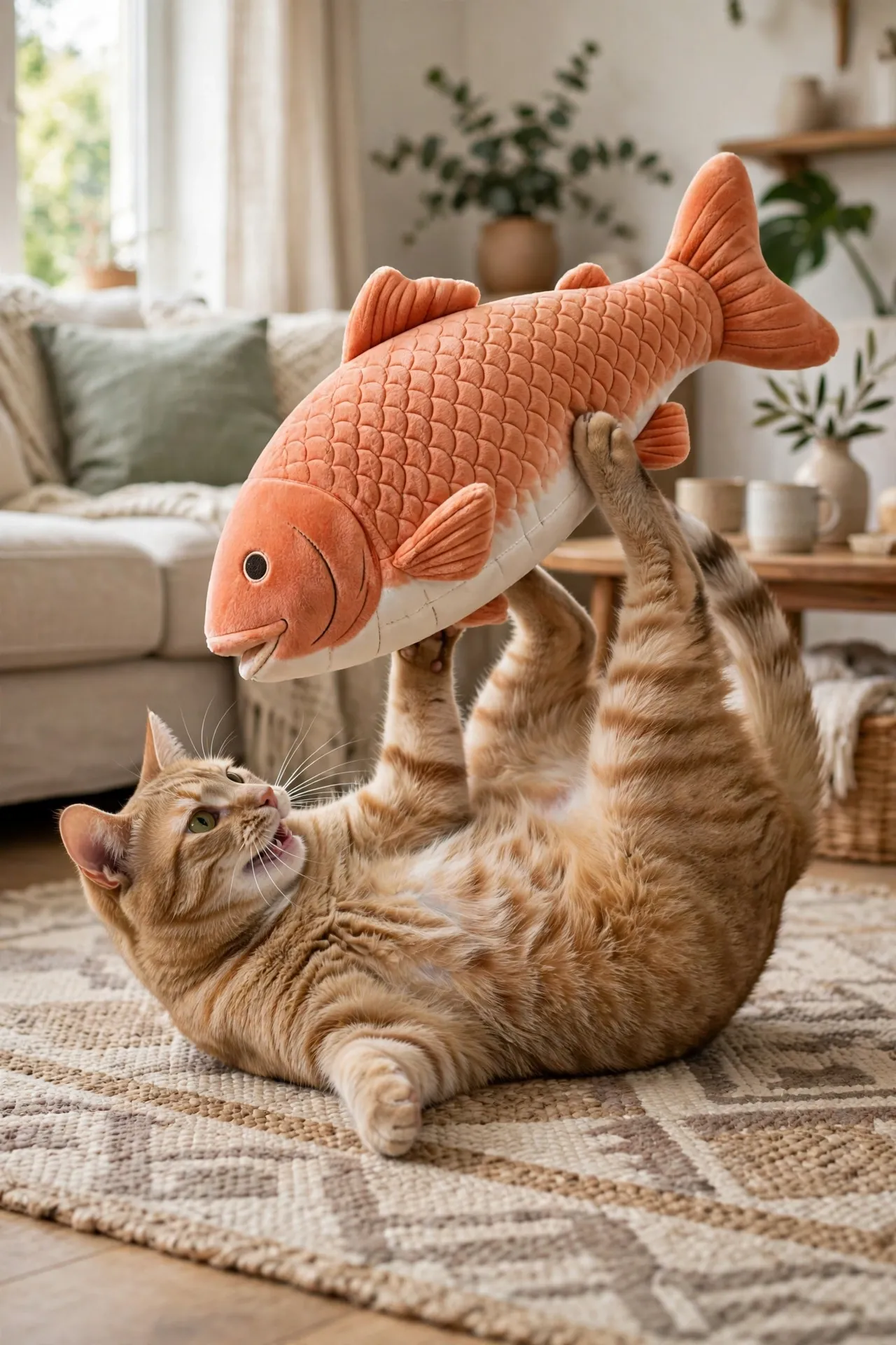 Cat wrestling a plush flopping fish toy on the floor
