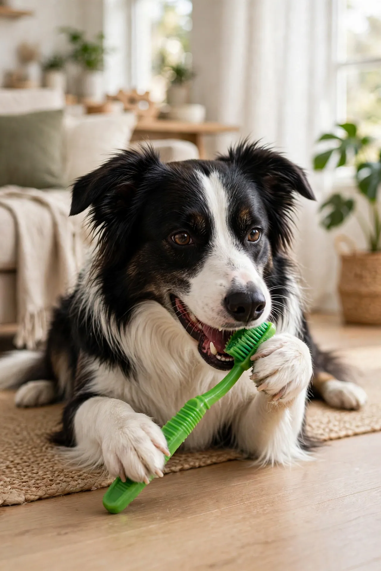 Dog happily chewing a Greenies dental treat