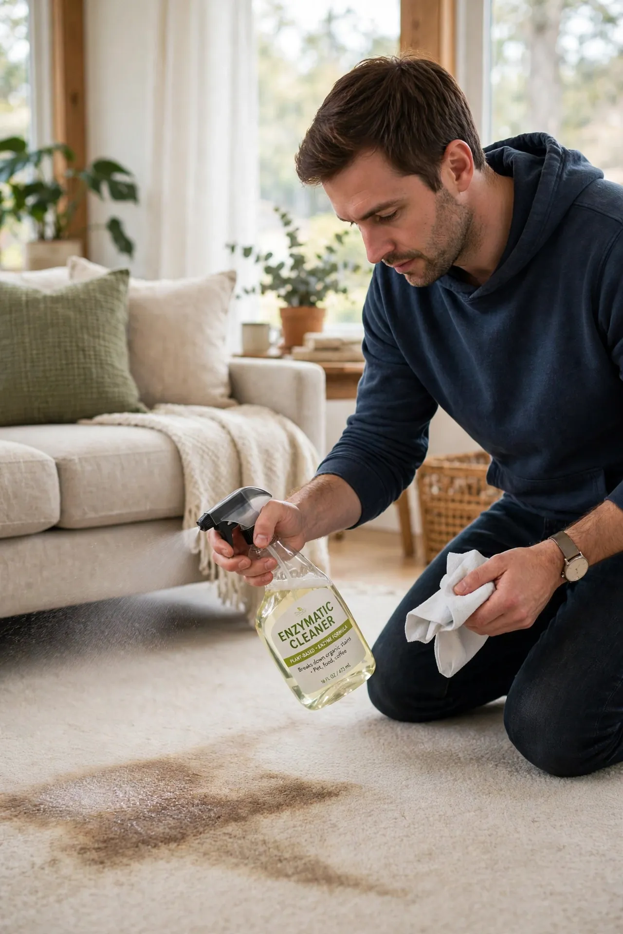 Enzymatic pet stain remover spray bottle beside a cleaned carpet spot