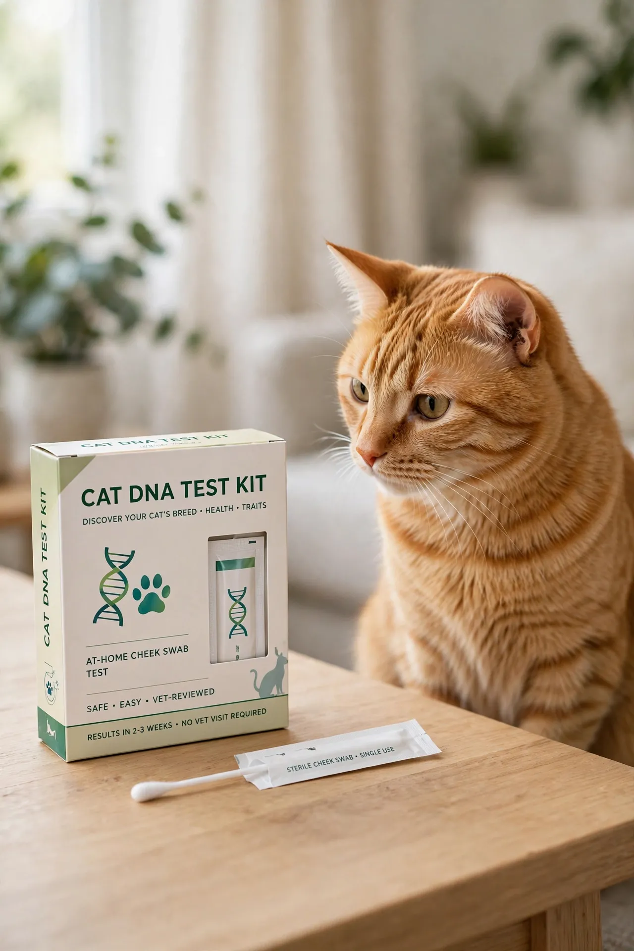 Cat DNA test kit box with a cheek swab beside a curious cat