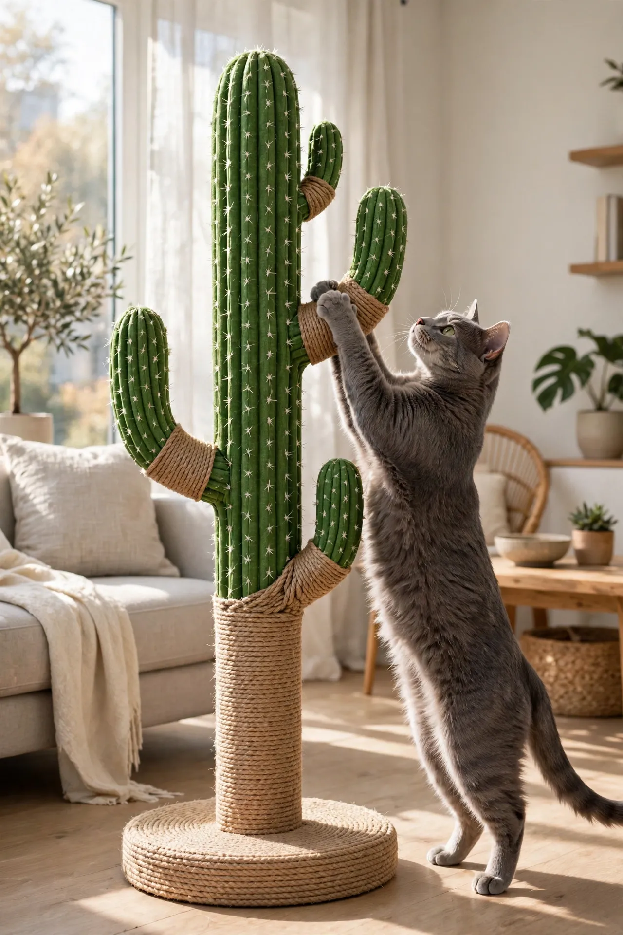 Green cactus-shaped cat scratcher tree in a living room