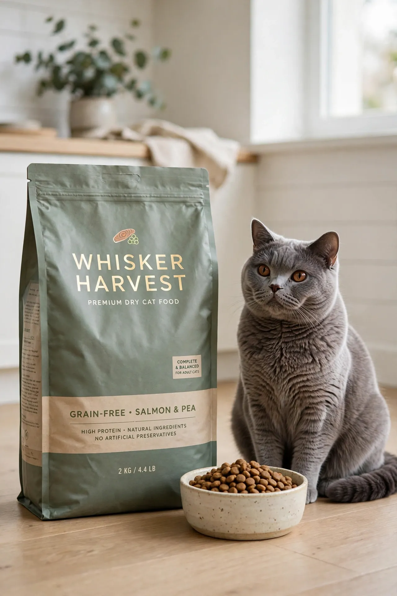 Bag of Purina Pro Plan LiveClear cat food beside a cat