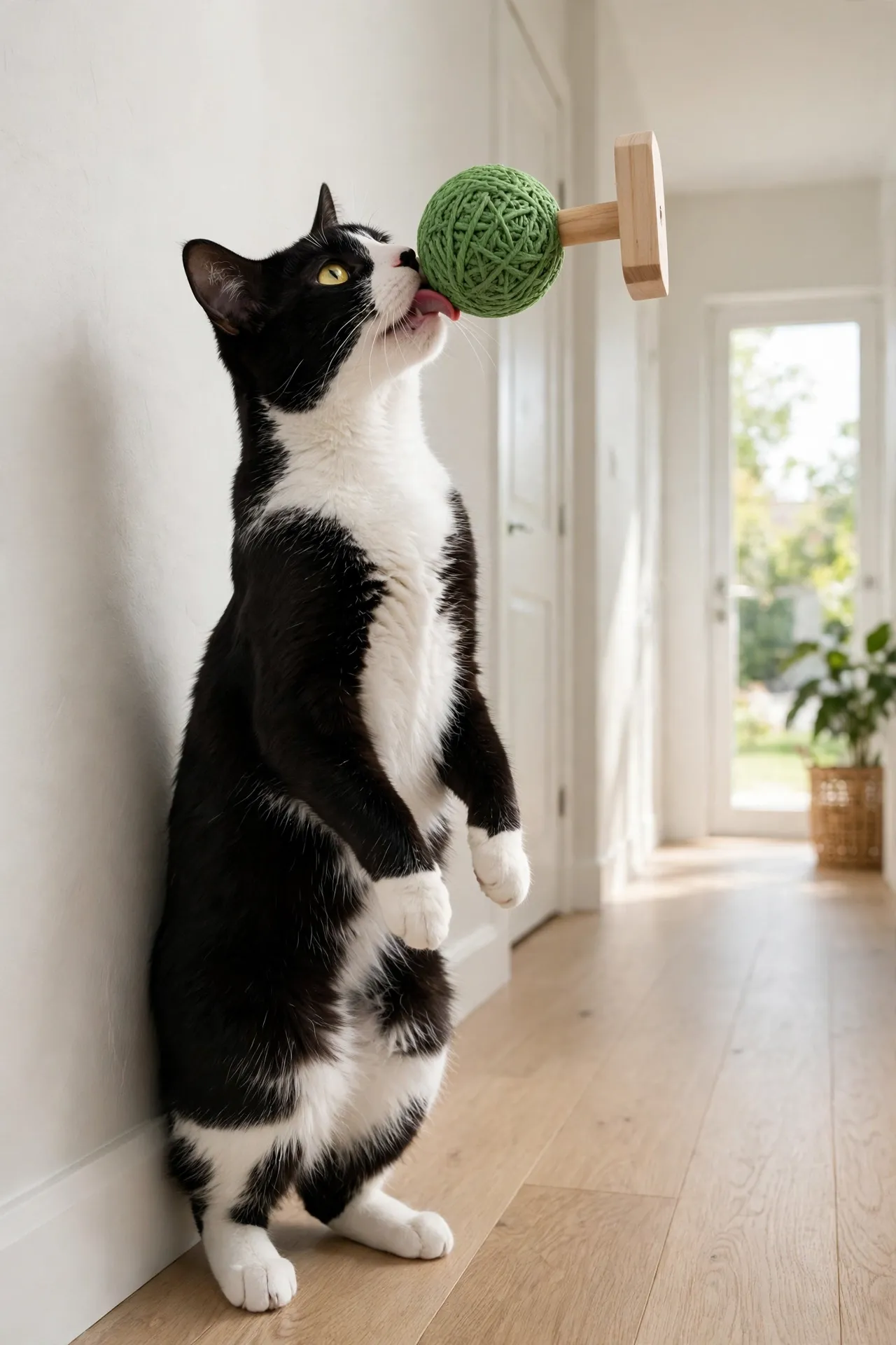Cat licking a silvervine catnip ball toy mounted on a wall