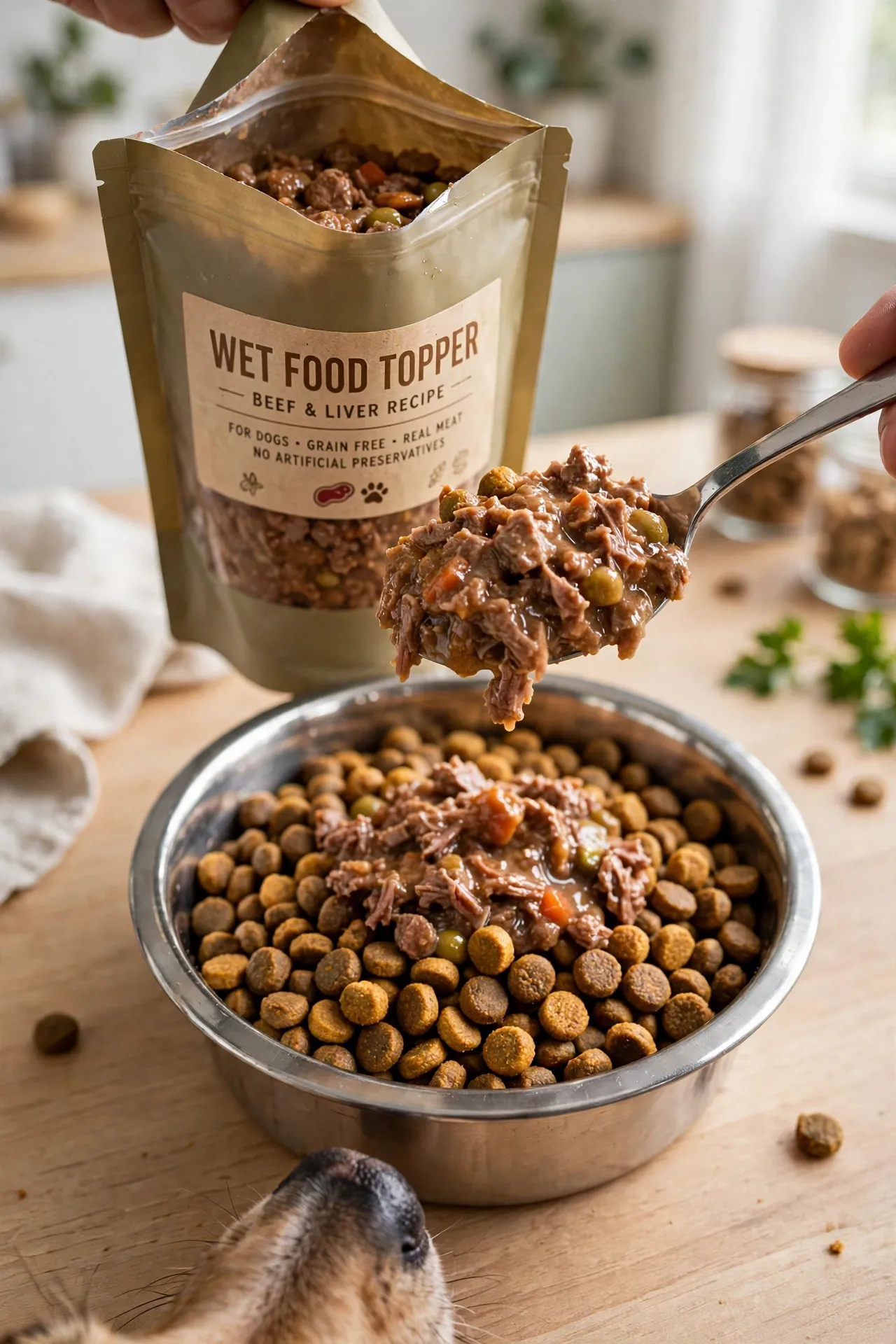 Fresh dog food topper being poured over a bowl of kibble