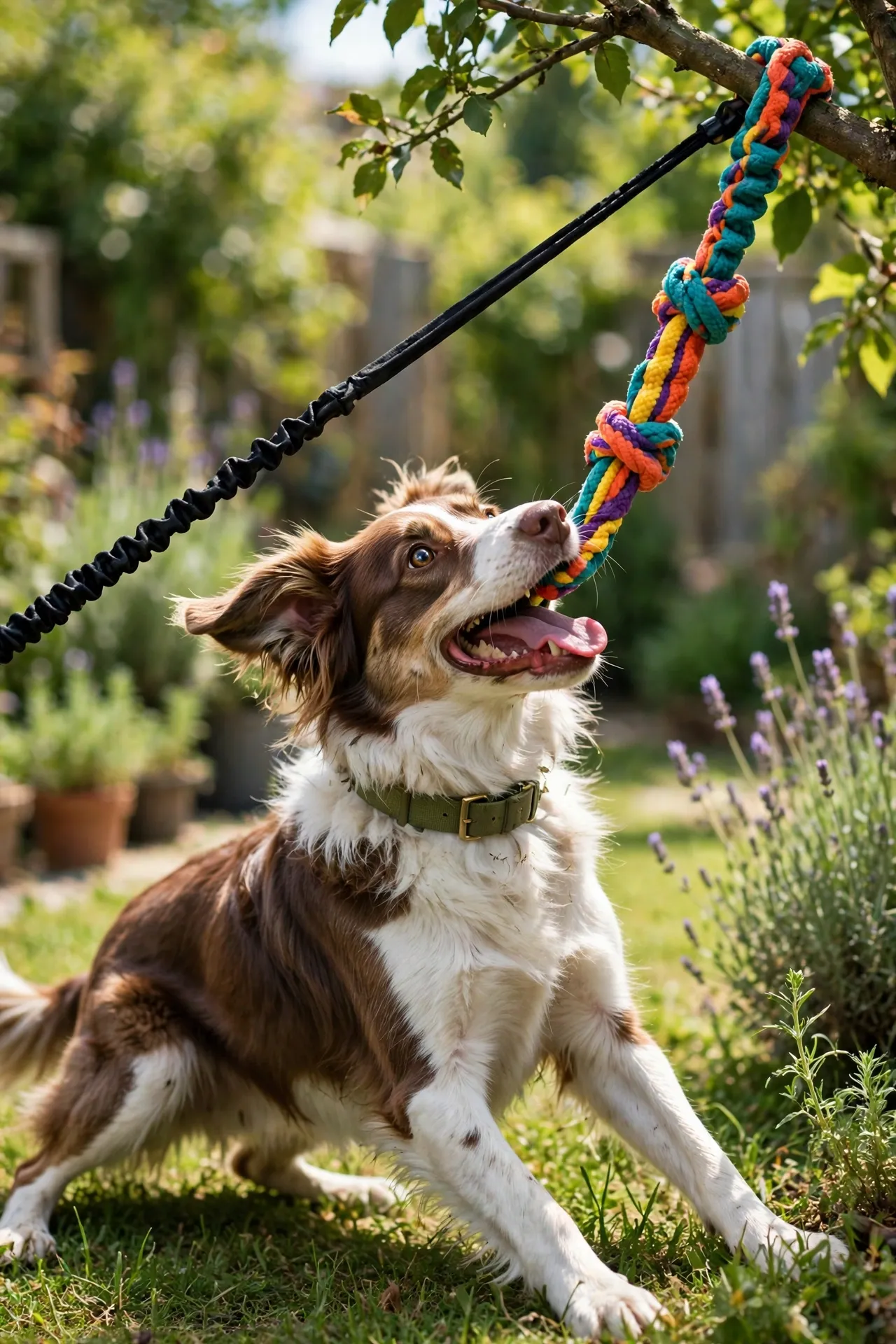 Dog playing tug with a bungee toy hanging from a tree branch