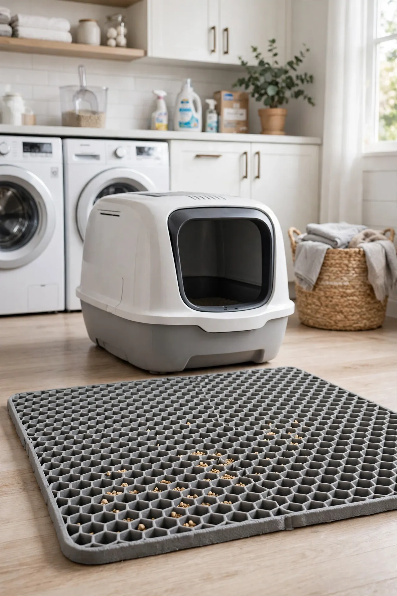 Double-layer honeycomb litter trapping mat in front of a litter box