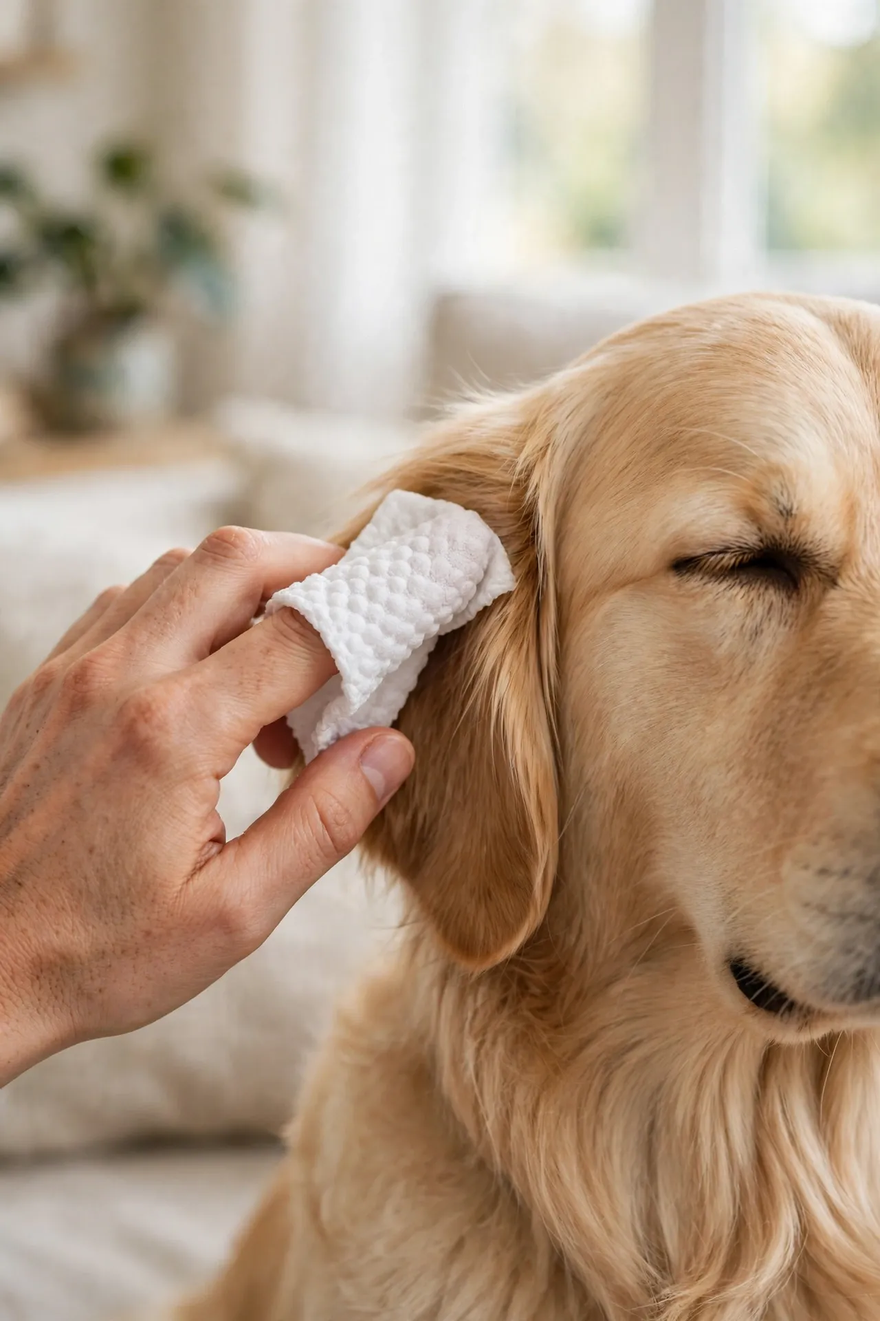 Gently cleaning a dog's ear with a finger wipe