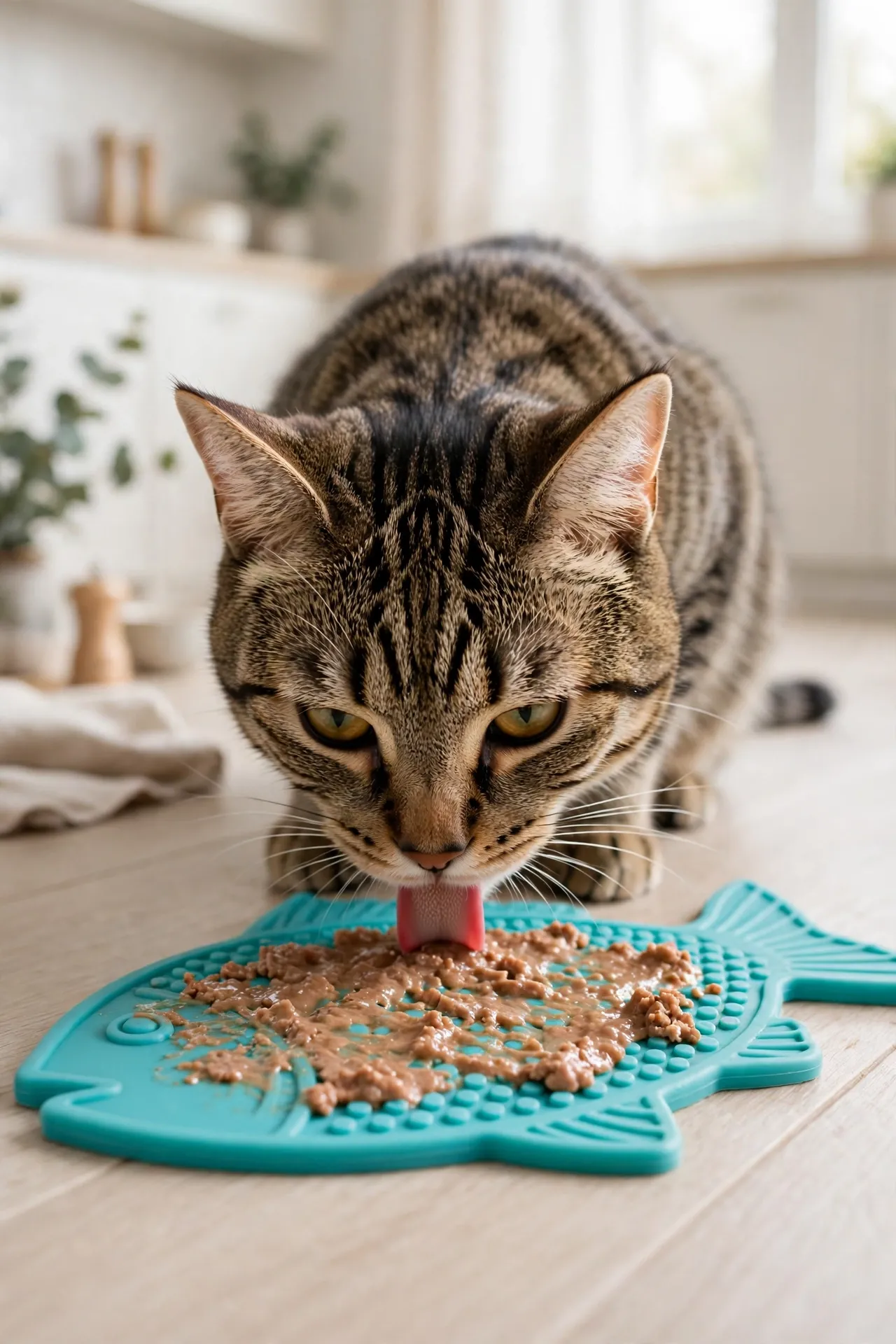 Cat licking wet food from a fish-shaped silicone lick mat