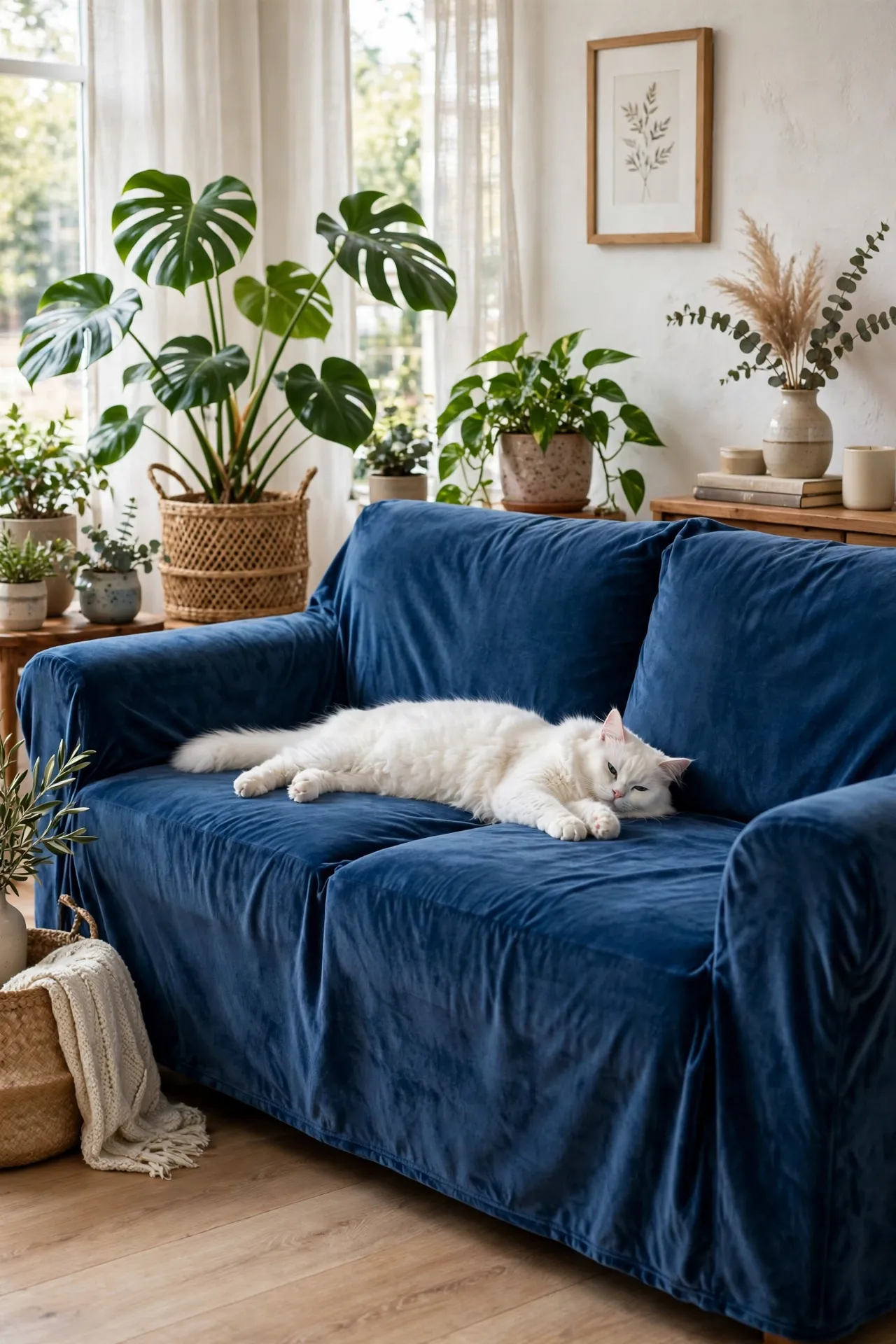 Sofa covered with a plush velvet slipcover and a cat lounging on it