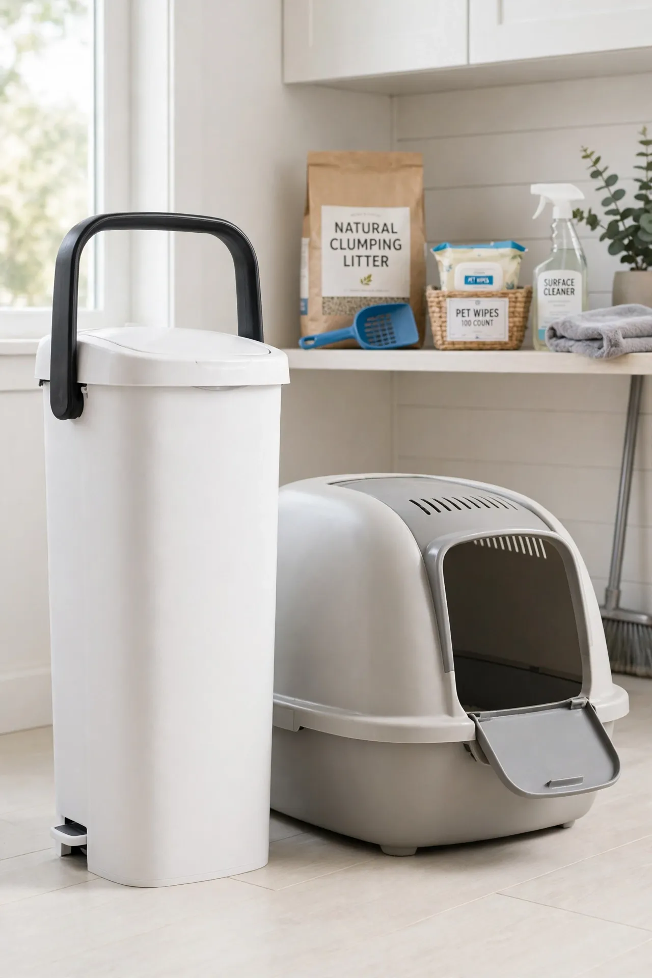 Litter Genie disposal pail standing beside a litter box