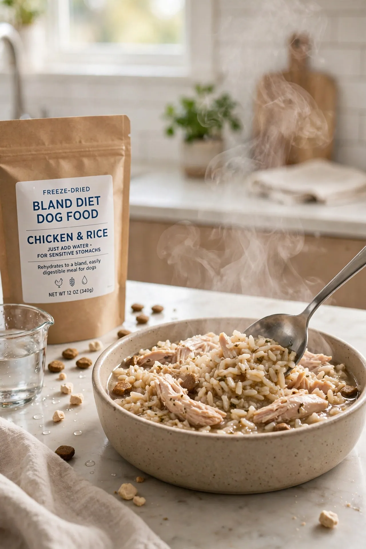 Freeze-dried bland diet dog food being prepared in a bowl