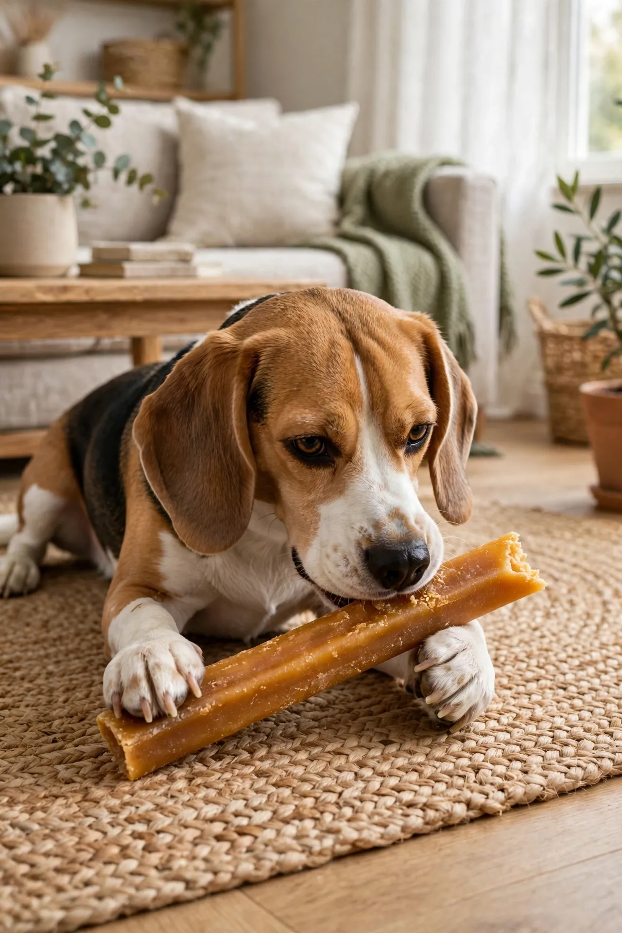 Dog chewing a golden Himalayan yak cheese chew