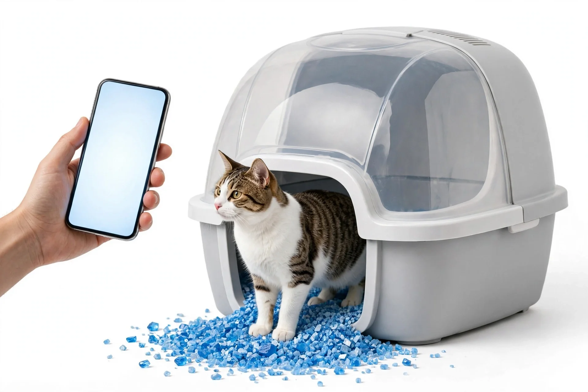 Light gray hooded self-cleaning litter box with a tabby cat at its entrance on blue crystal litter, a hand holding a phone beside it