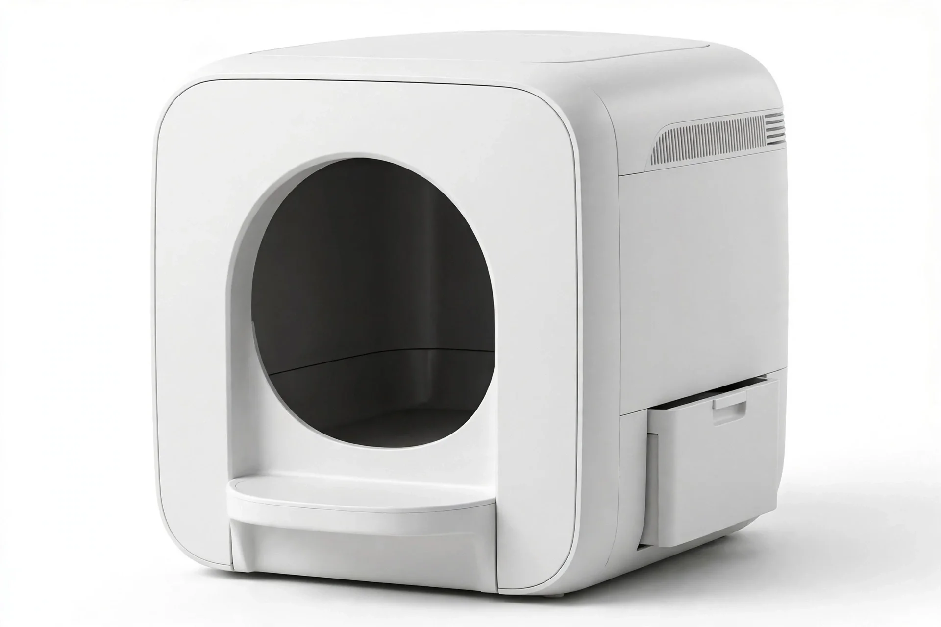 Attractive white enclosed automatic litter box with a low entry step and a side drawer