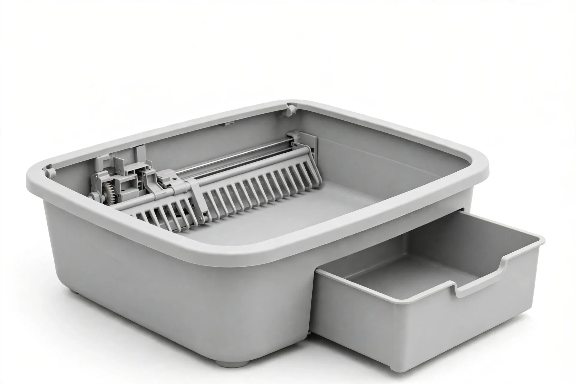 Open-top automatic litter box in light gray with a raking mechanism and a waste drawer