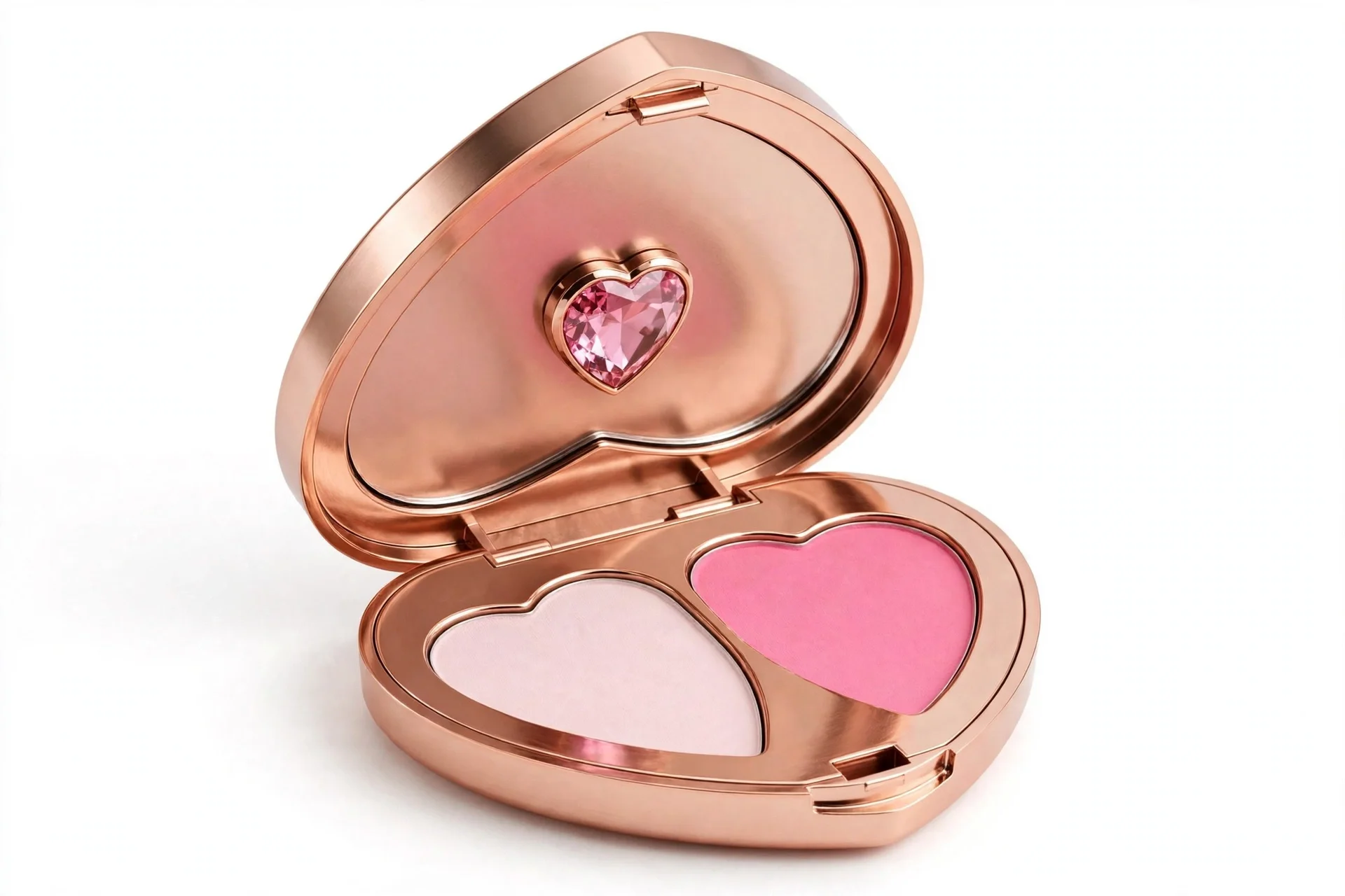 Open heart-shaped rose-gold compact with pink gem detail, pale pink powder and brighter pink blush in heart-shaped pans