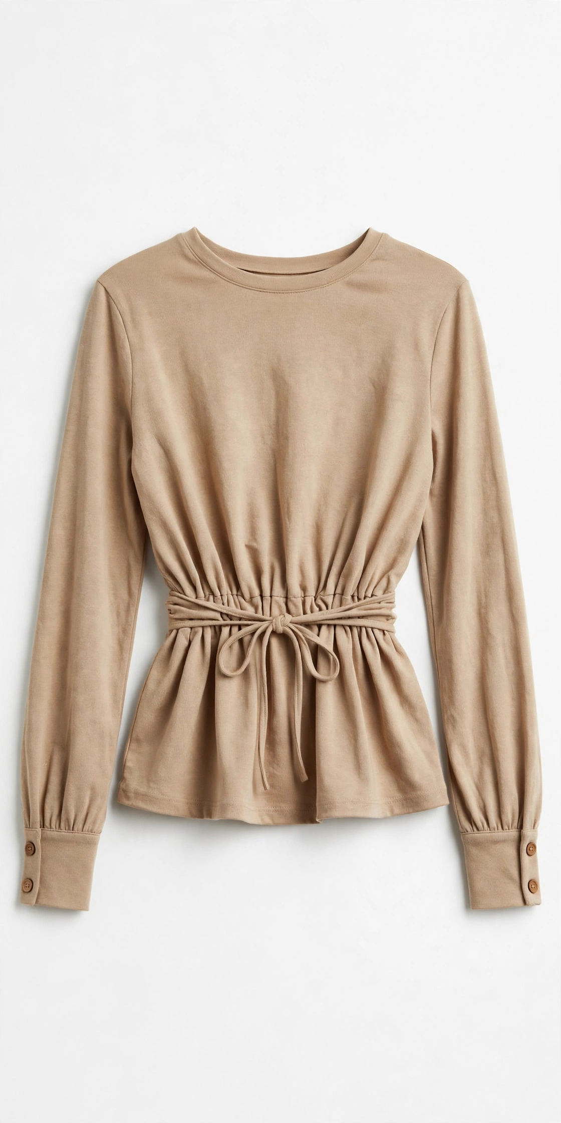 Beige women's long-sleeve top with a cinched waist and tie, product photo on a light background