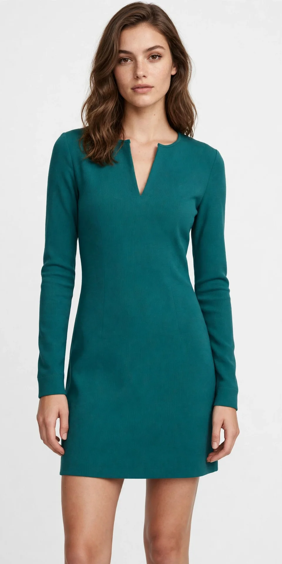 Teal ocean-green long-sleeve split-neck mini dress