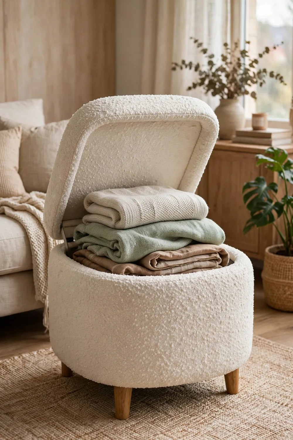 PINPLUS Folding Storage Ottoman Cube, Cream Boucle