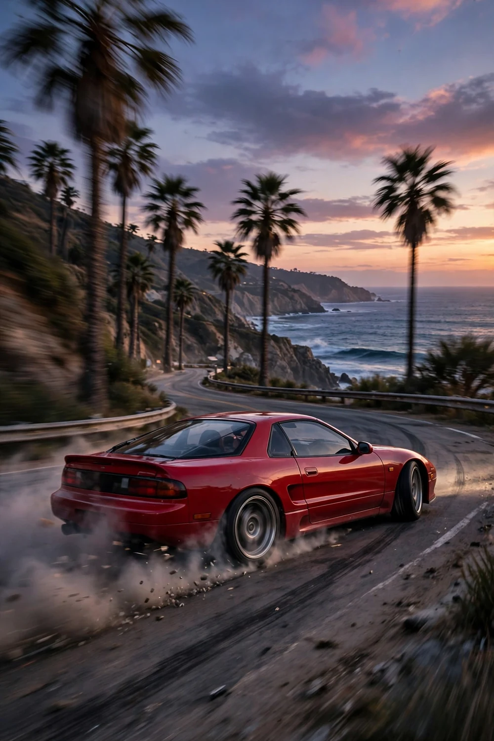 An arcade-style street racing scene at dusk