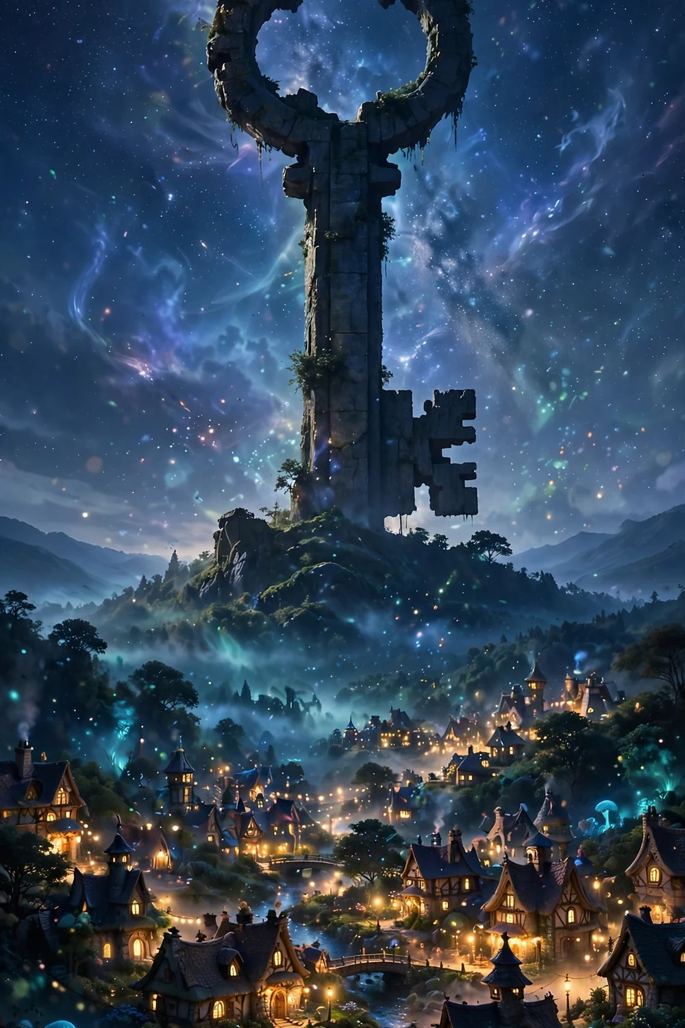 A fantasy adventure scene with a giant key-shaped silhouette against a starry sky
