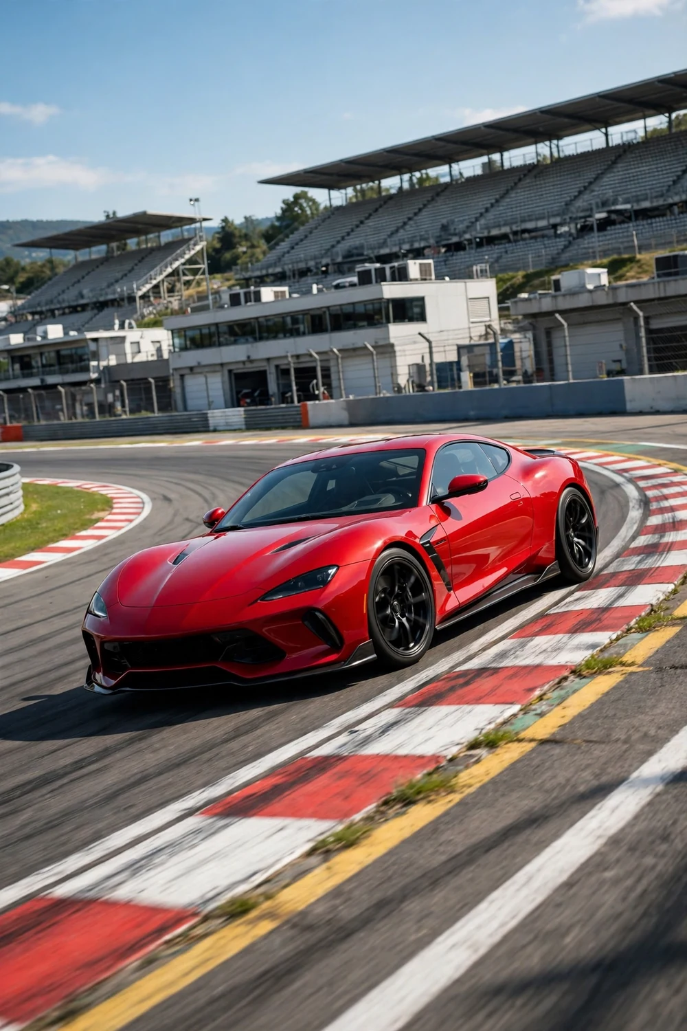 A precision racing circuit scene with a red sports car