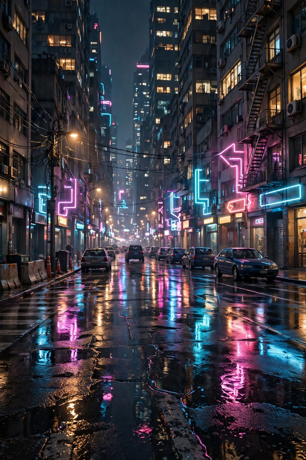 An open-world city street scene at night with neon reflections