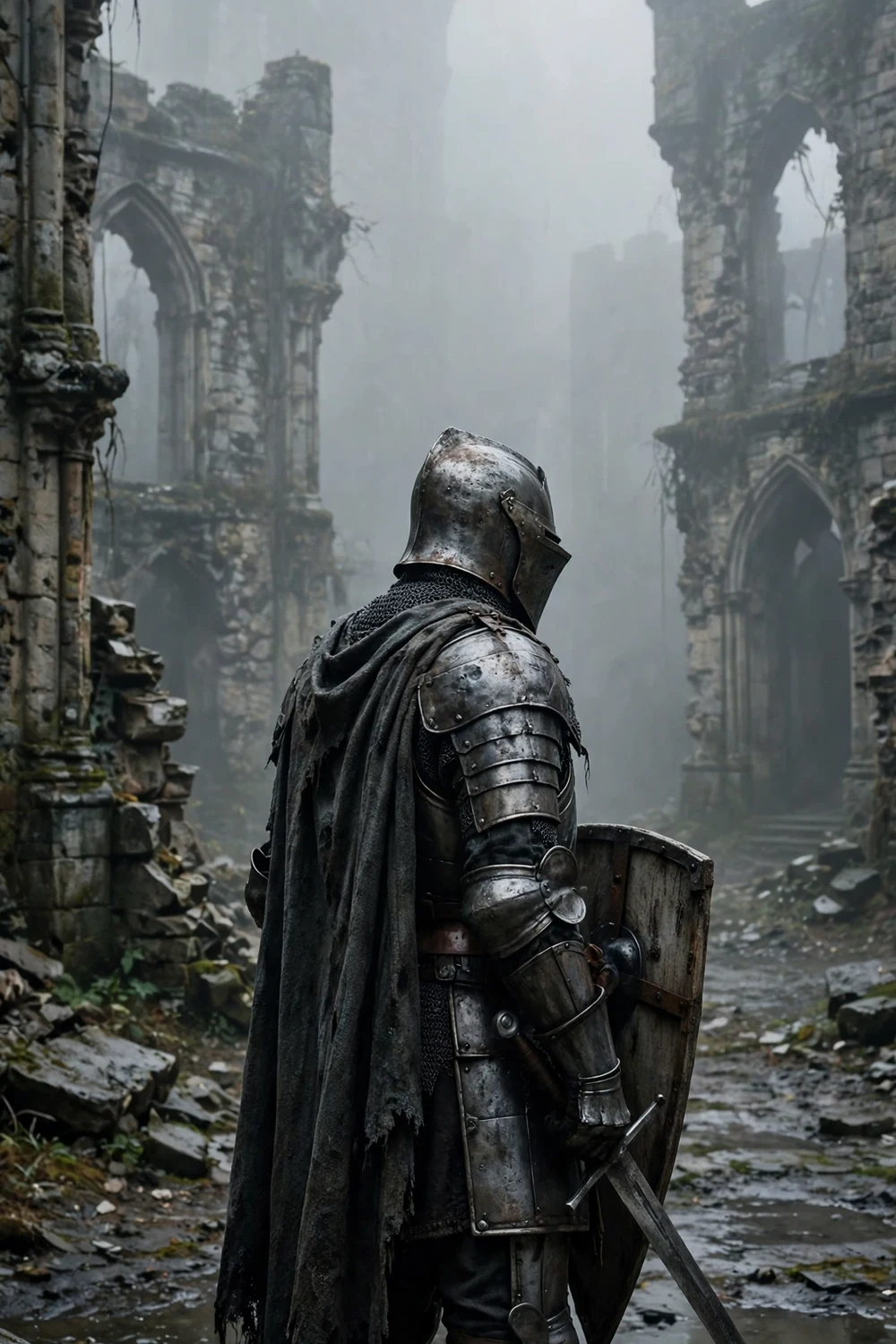 A lone armoured knight facing a fog gate in a ruined castle