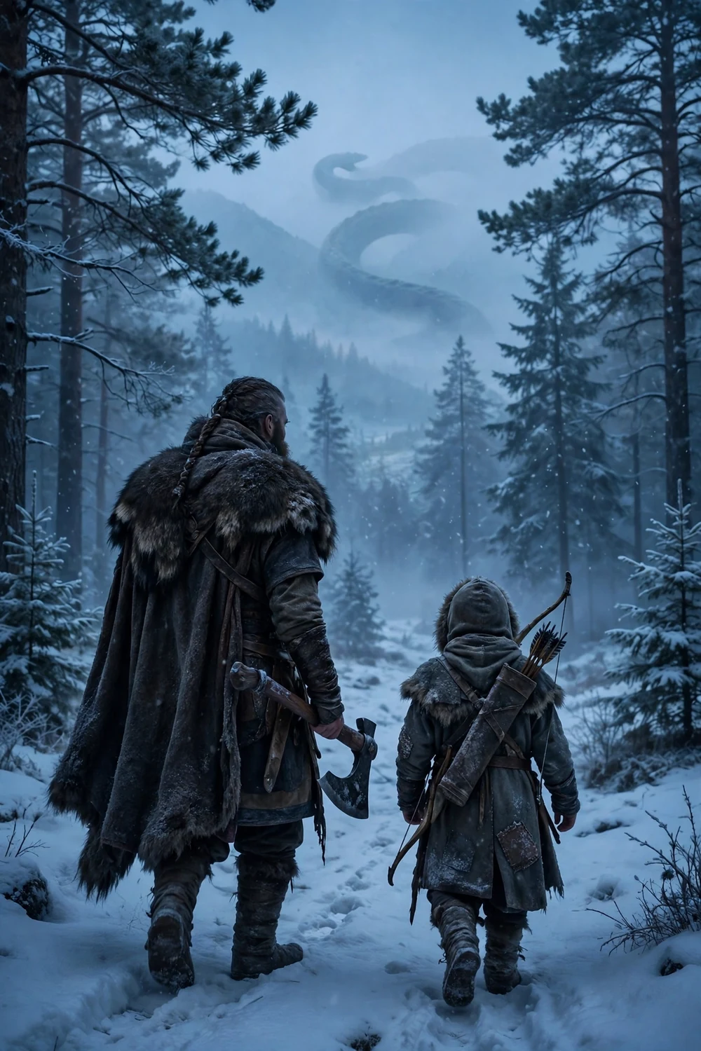 A bearded warrior and a boy with a bow in a snowy Norse forest