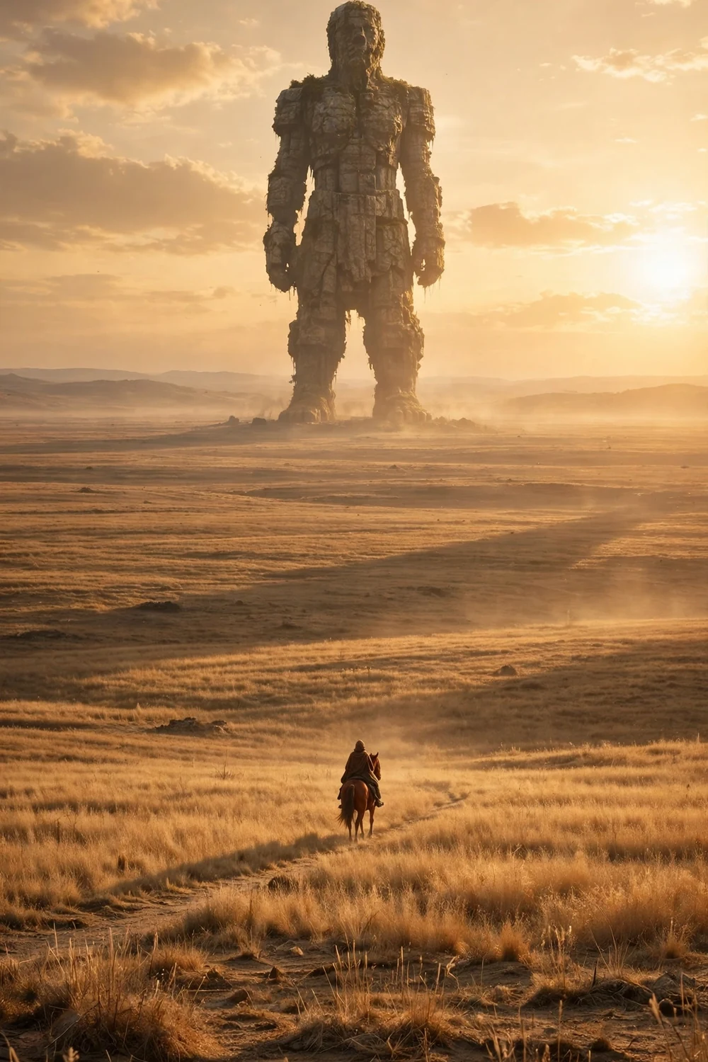 A tiny rider approaching a colossal stone giant in a vast plain
