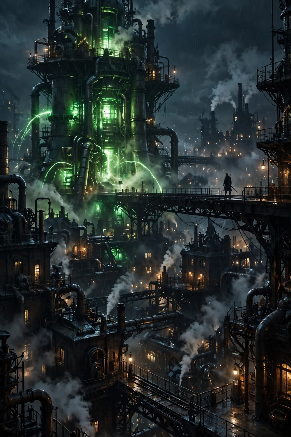 A moody industrial fantasy city under a towering reactor