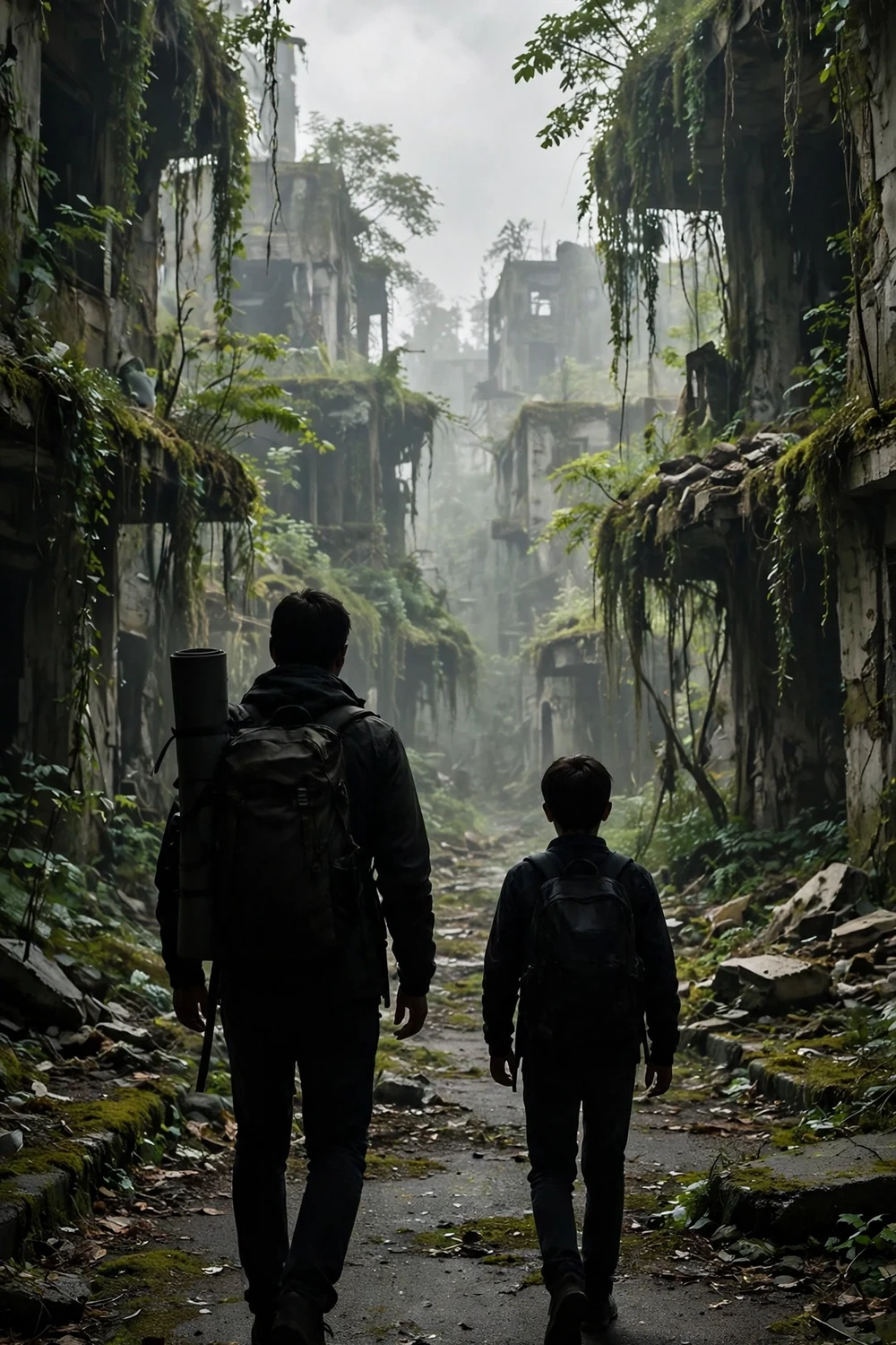 Two travellers silhouetted in an overgrown abandoned city street