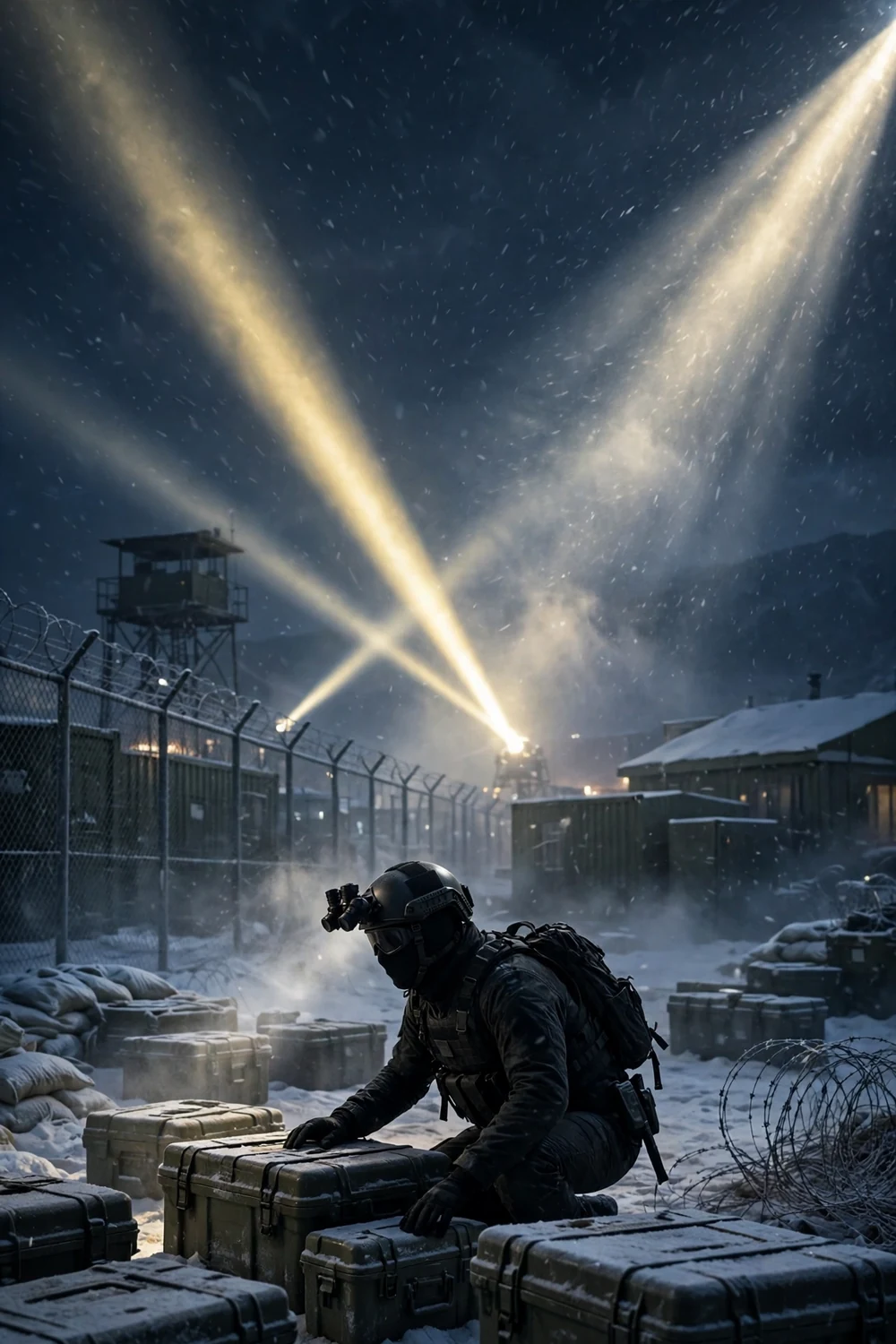 A stealth operative slipping past searchlights in a snowy military base