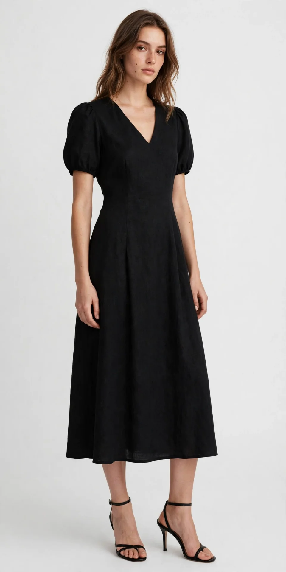 Black short puff-sleeve V-neck midi dress worn with black heeled sandals
