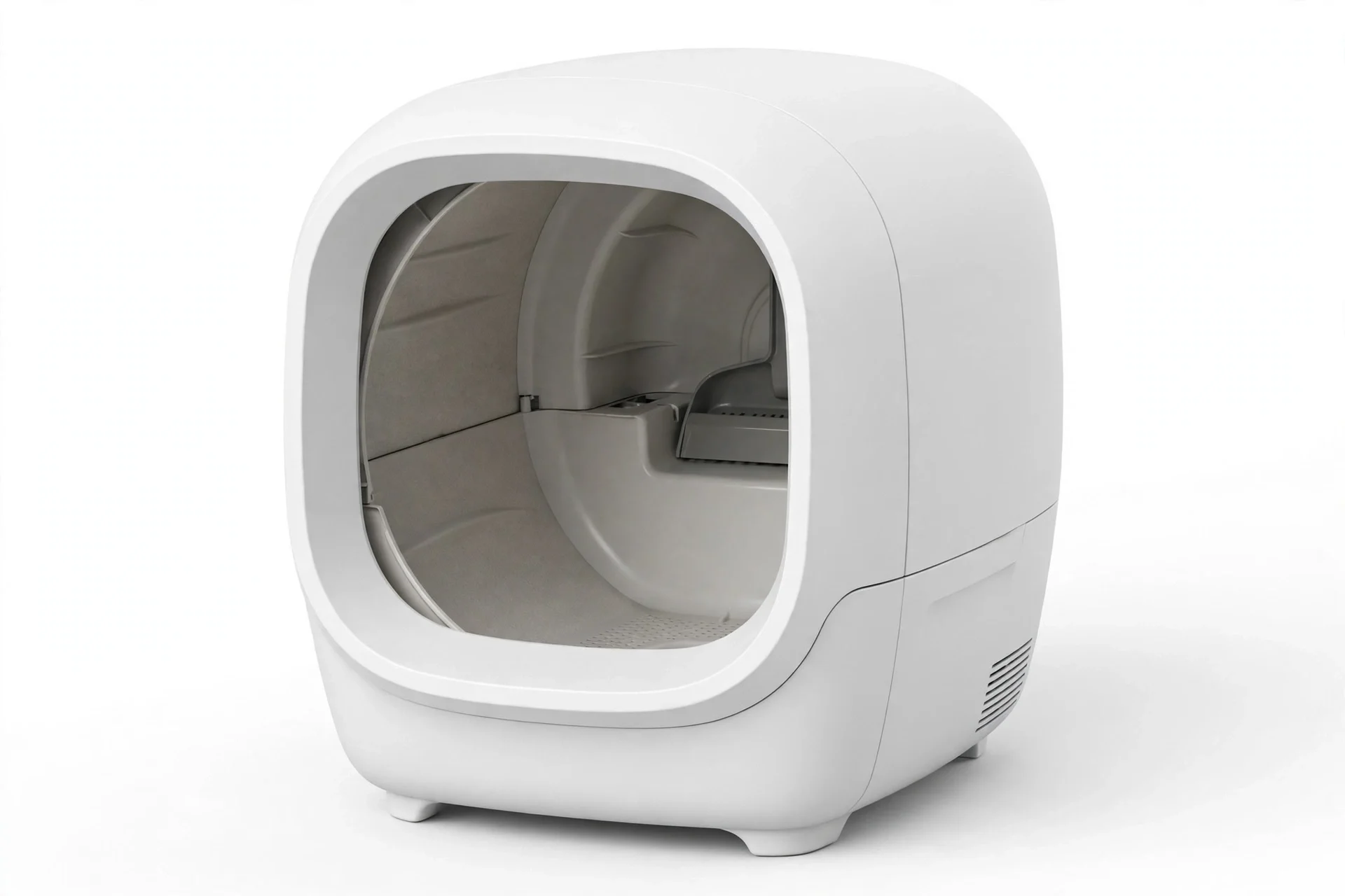 Modern white automatic litter box with a large always-open front entry and a spacious interior
