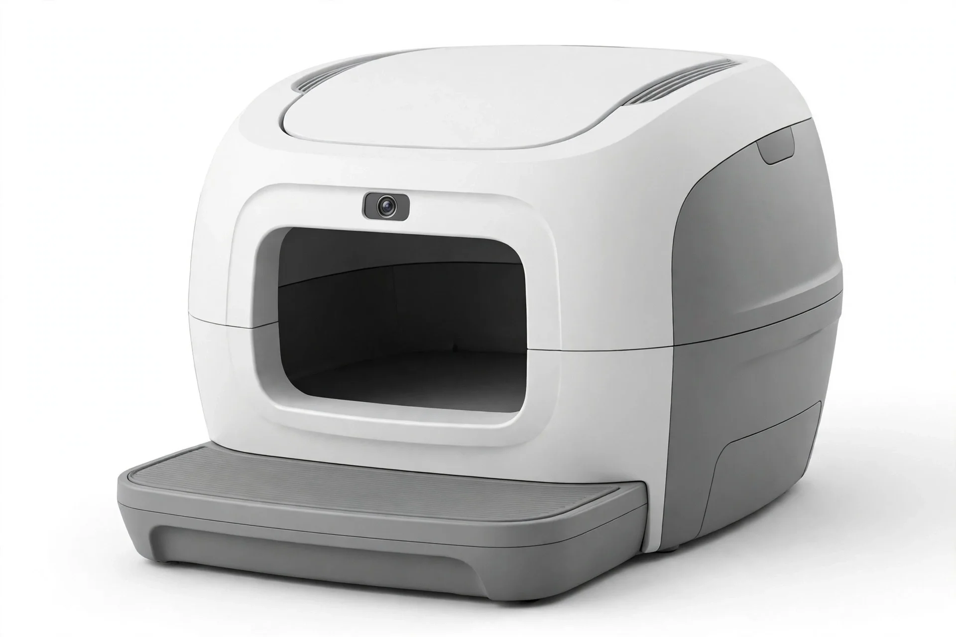 White and gray automatic litter box with a low wide entry step and a small camera above the opening