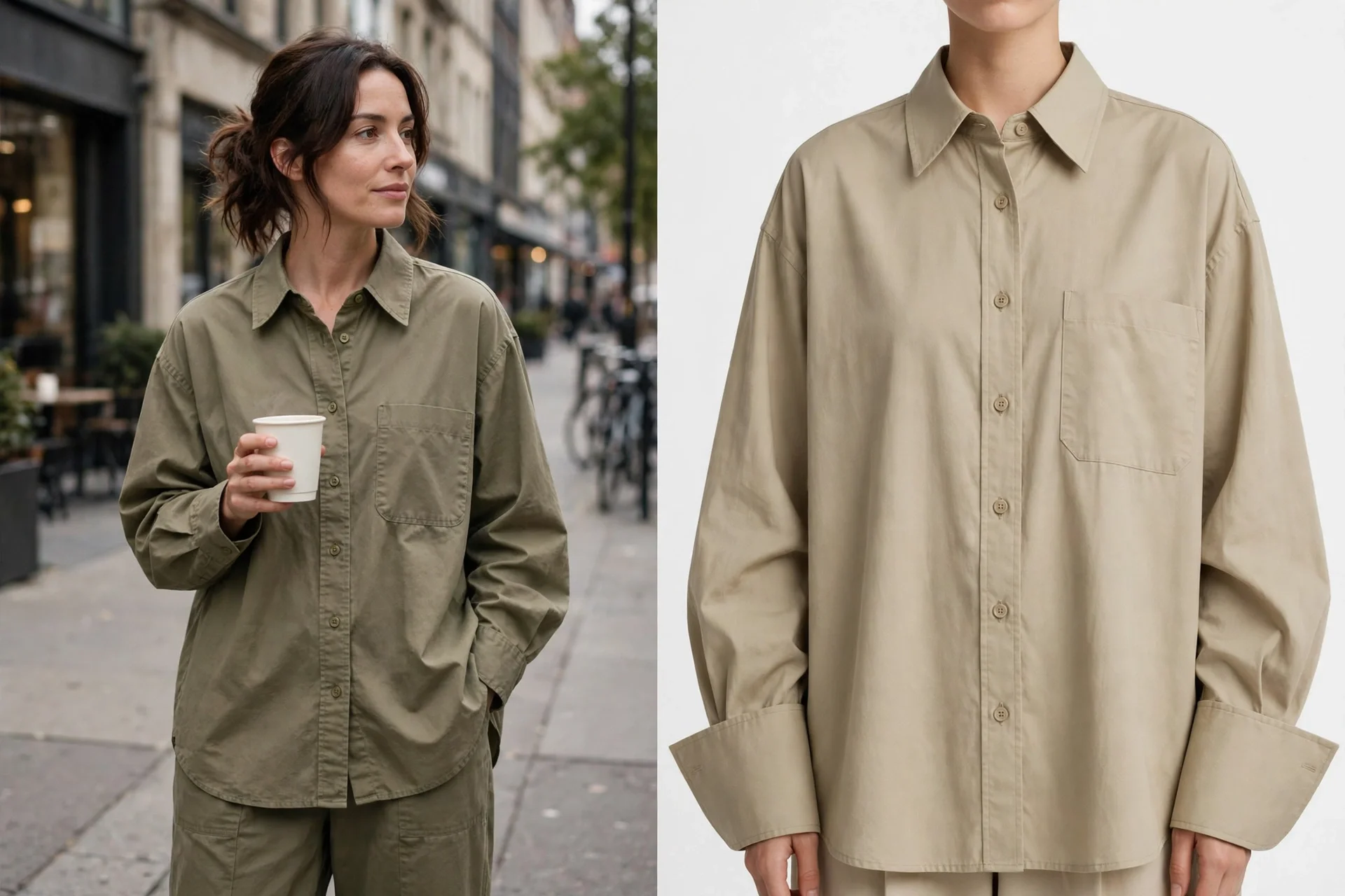 Side-by-side: a woman on a city sidewalk holding a white cup in an oversized khaki button-down shirt with matching trousers, and a model in a beige khaki oversized button-down shirt with pointed collar, chest pocket and wide cuffs